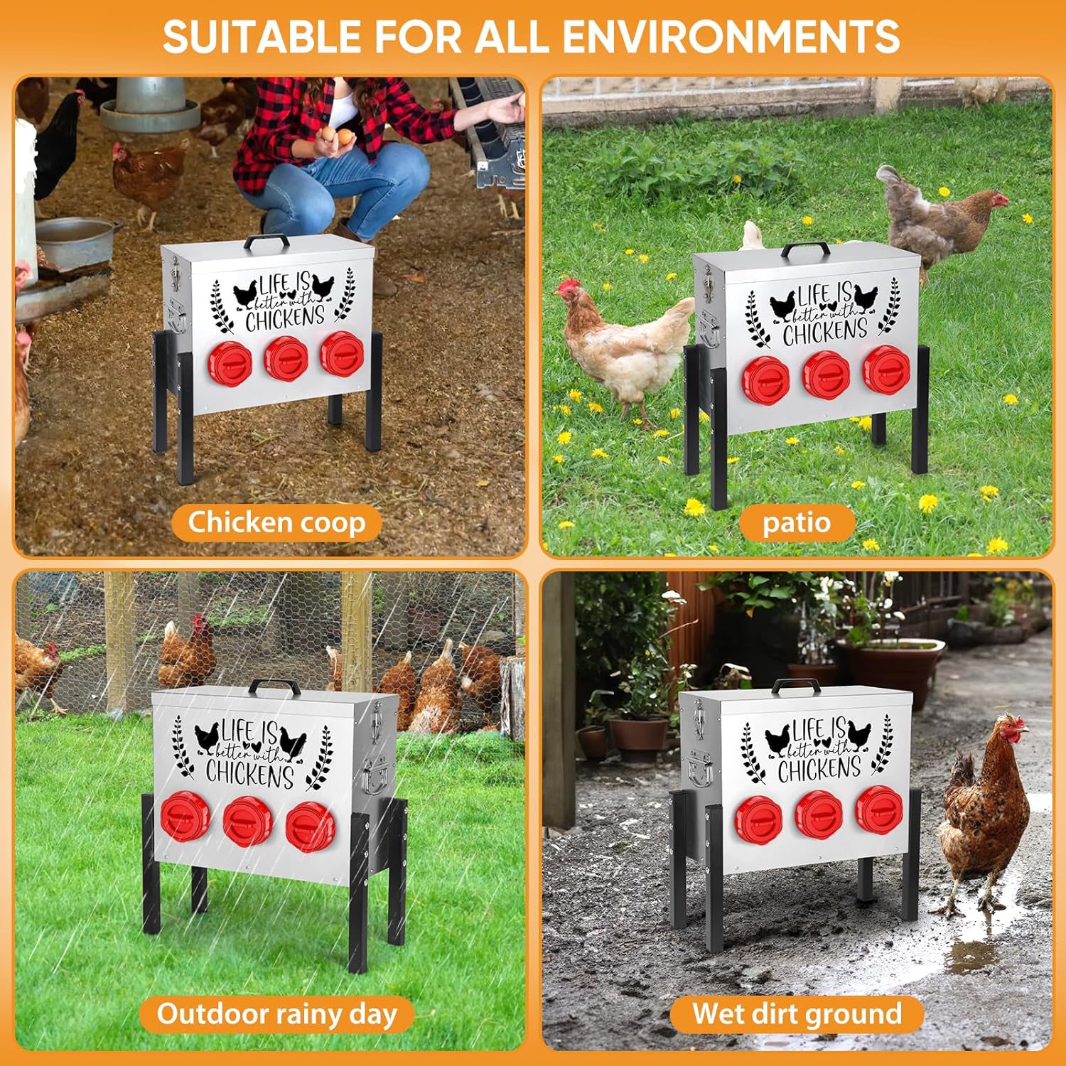 TGEYD 30 lb Chicken Feeder with 6 No-Waste Ports – Heavy-Duty Outdoor Metal Feeder with Adjustable Height, Locking Lid & Riveted Handles – Rustproof Feed Box for Poultry & Backyard Chickens