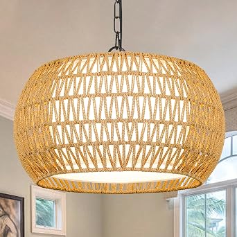 Farmhouse Chandelier Light Fixture,Rattan Boho Chandeliers for Dining Room,Large Pendant Lights Kitchen Island Hanging Light Fixtures Wicker Chandeliers for Bedroom Living Room Kitchen Nursery