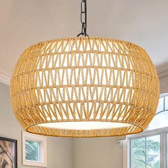 ZECOXOL 5-Light Rattan and Linen Drum Chandelier