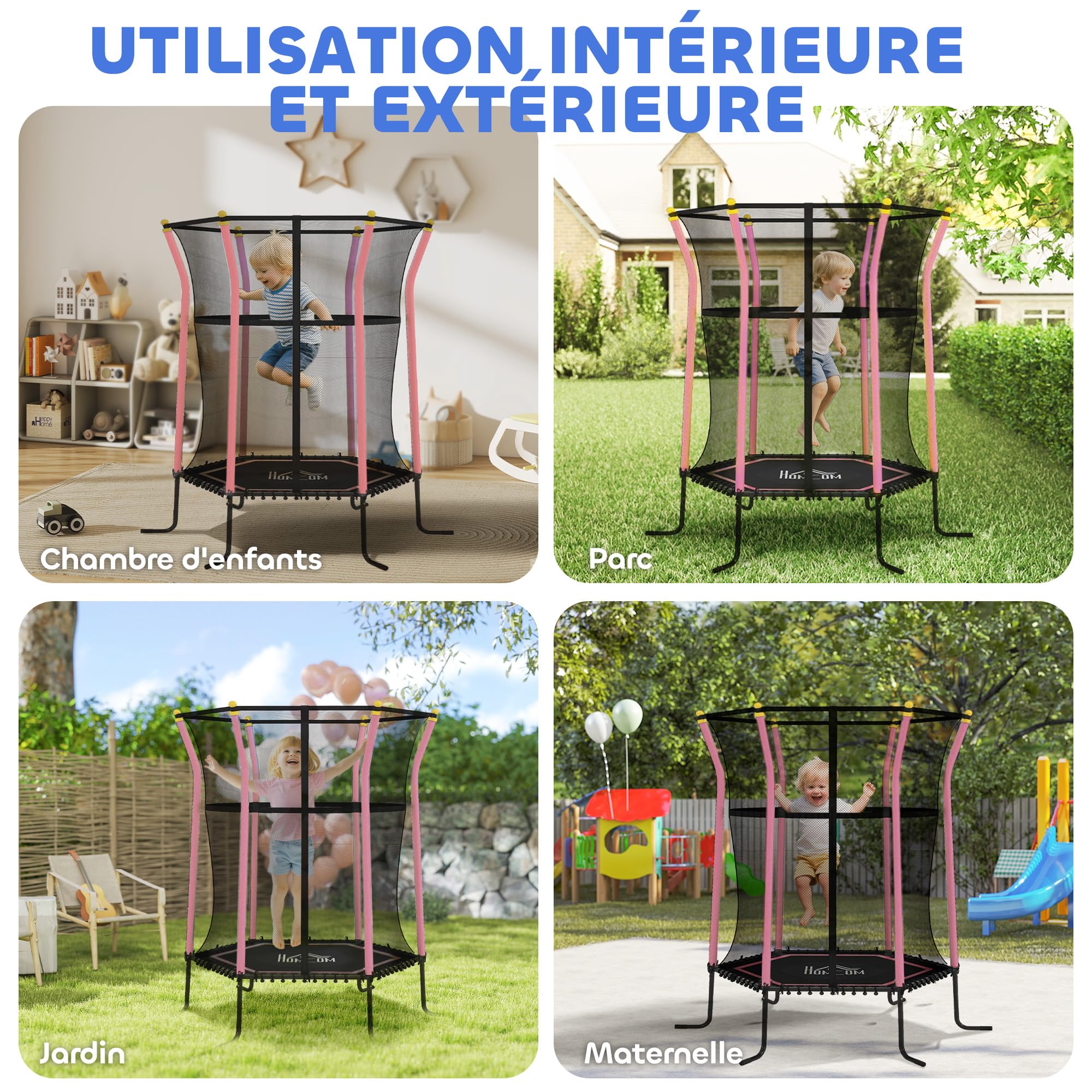 HOMCOM Trampoline pour Enfant 1,22 x 1,11 x 1,9 m Filet de sécurité Porte zippée 6 poteaux rembourrés Inclus sans Ressort Charge Max. 50 kg