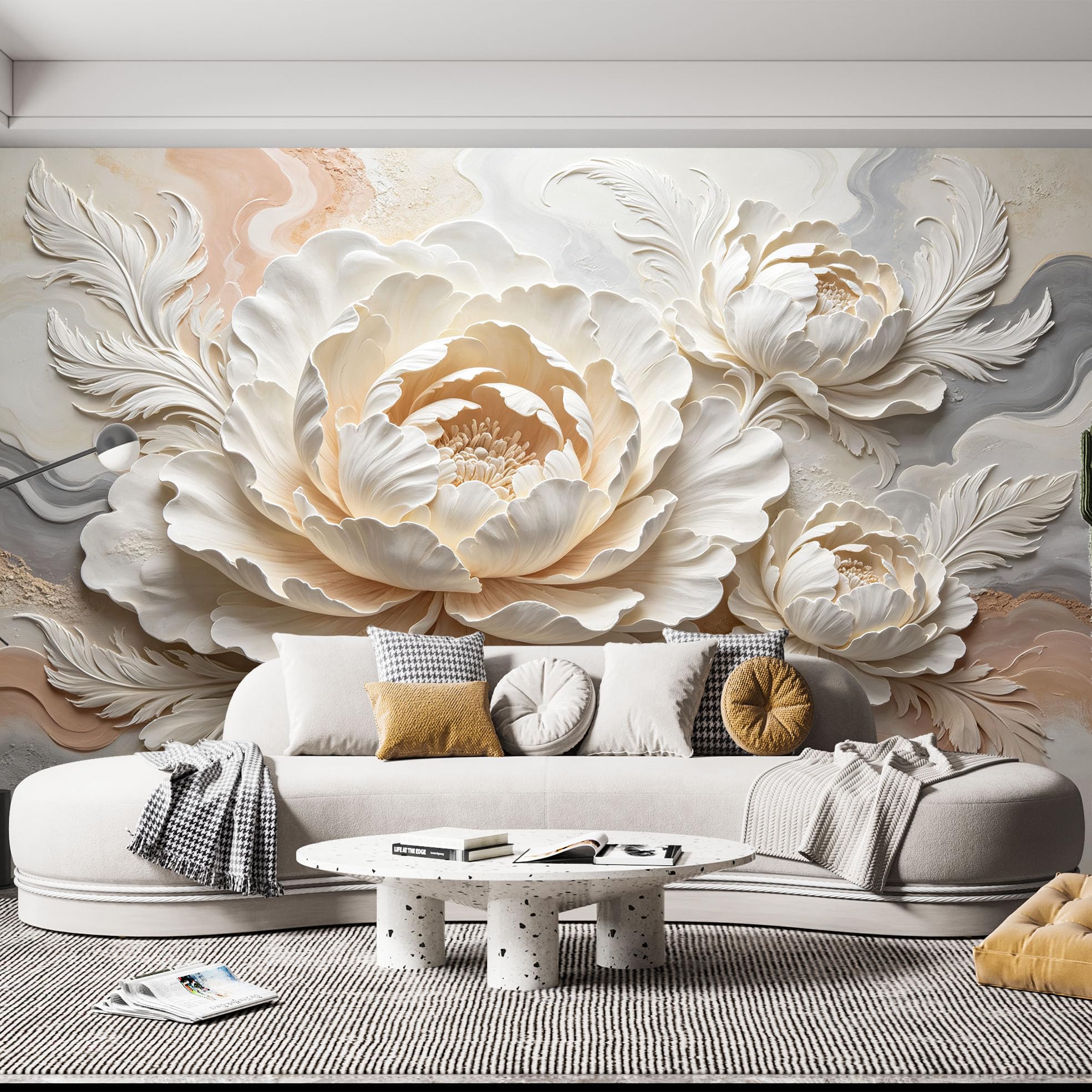 Rzeźba 3D, kwiaty, obraz ścienny, piwonie, tapeta z włókniny, nowoczesna, klasyczna roślina, duże kwiaty, ozdoba ścienna 200 x 140 cm, kremowa, beżowa, akcentująca dekoracja ścienna do salonu