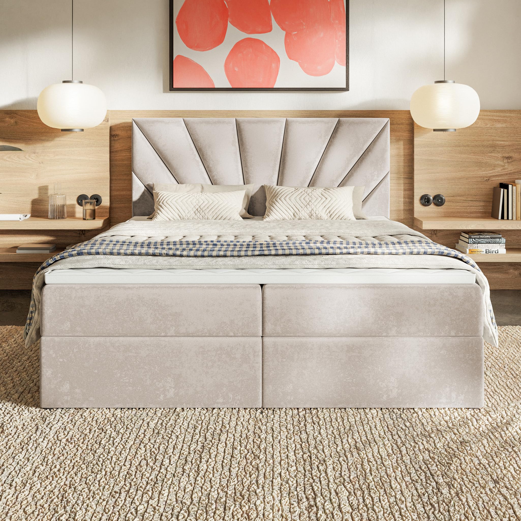 MOTIVENA Aspen Boxspringbett 160x200 mit Bettkasten und Topper, Polsterbett 160x200 mit Bettkasten, Taschenfederkern-Matratze (H3), Visco Memory-Foam Topper (H2), Samt, Beige (Creme)