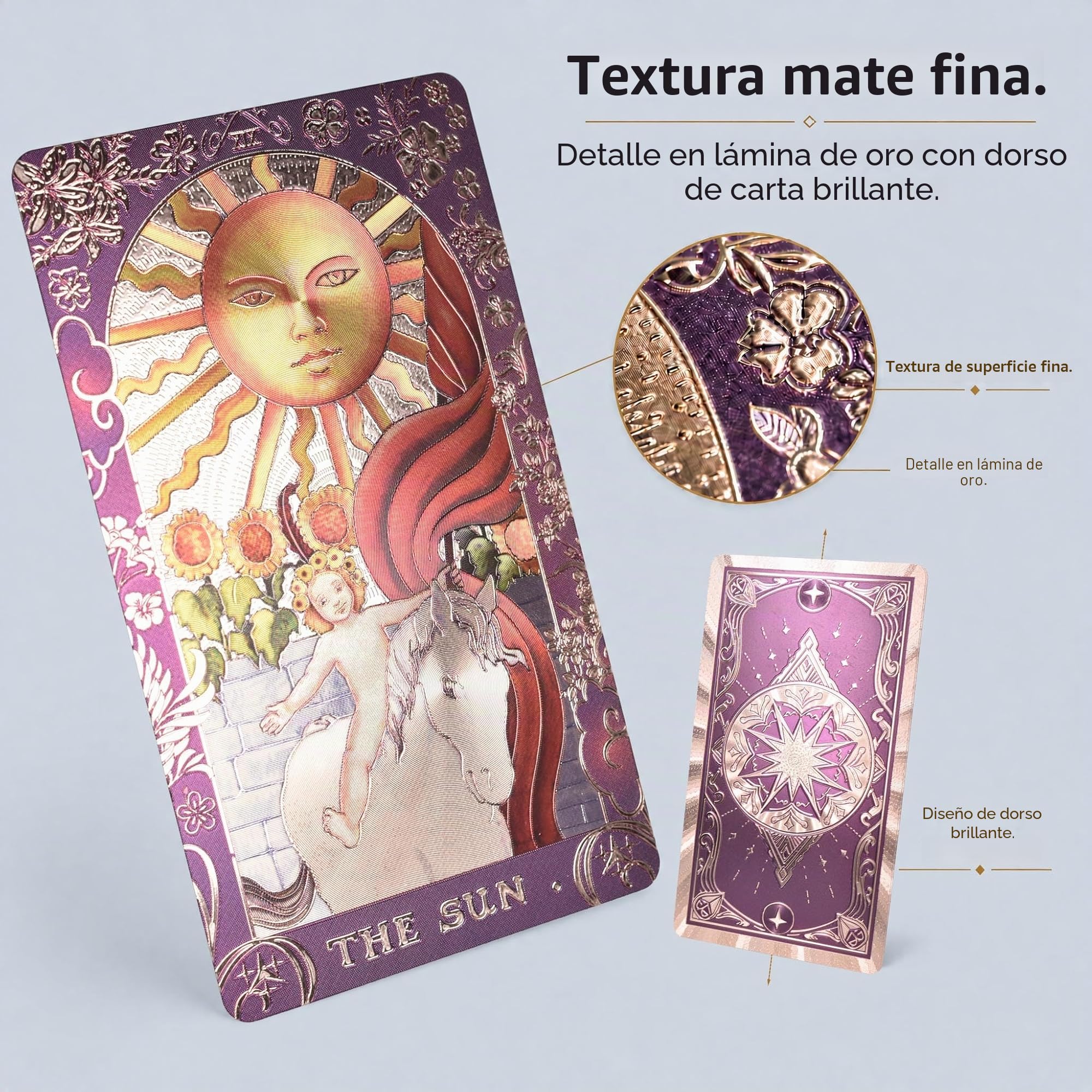 Baraja Tarot Rider Waite en Inglés con Lámina Dorada, 78 Cartas + 2 de Repuesto, Tarot Holográfico Impermeable con Bolsa de Terciopelo y Manual de Instrucciones