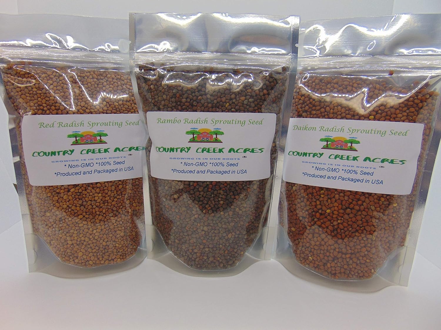 Radishing microgreen Assortment Pack - (2 oz Red Radish Sprouting Seed, 2 oz Daikon Radish Sprouting Seed and 2 oz Rambo Radish Sprouting Seed). Country Creek Brand. Seeds for Microgreens