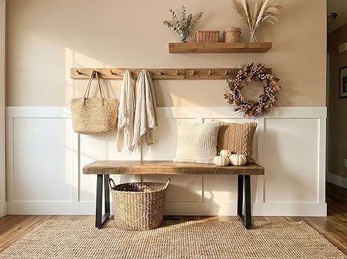 Miniatura 7 de Banco rústico de madera de granero recuperada, madera maciza con base de metal, estilo moderno de granja, parte superior de 2 pulgadas de grosor,