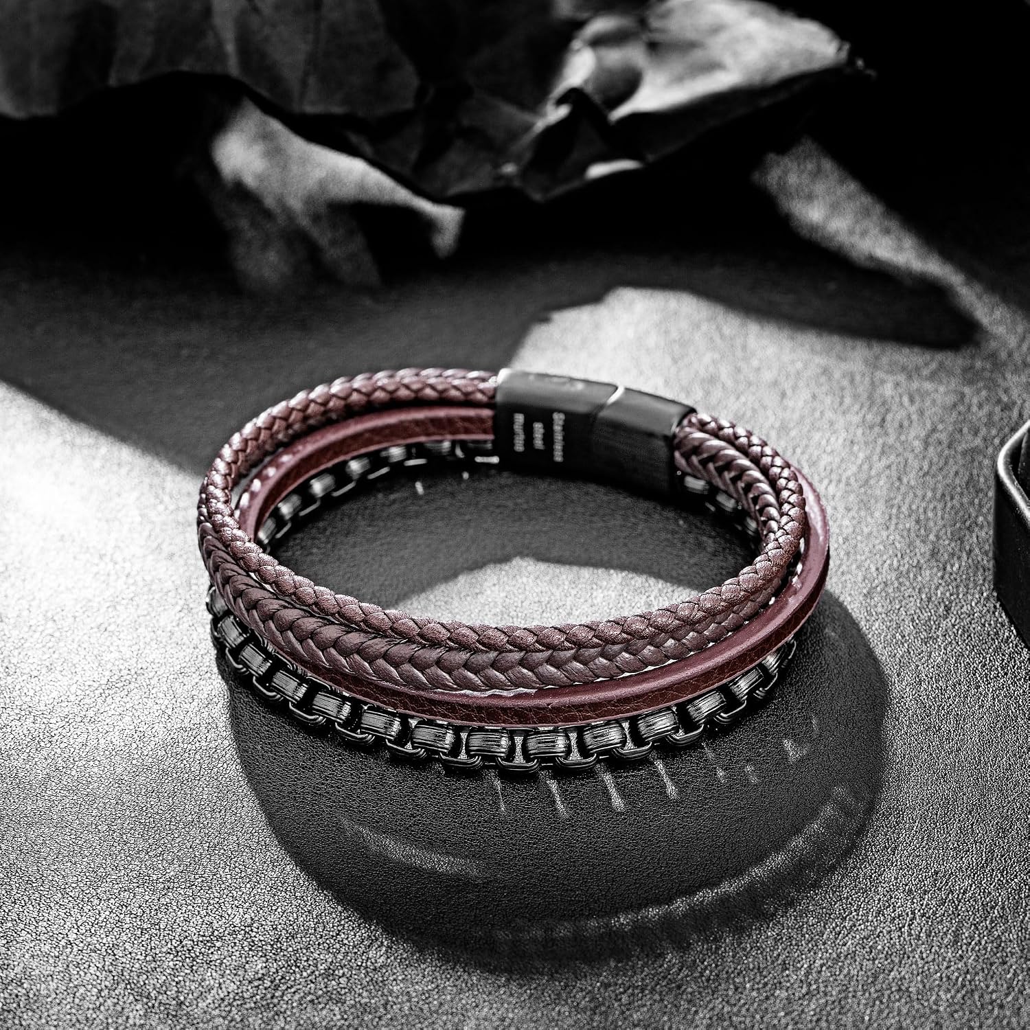 murtoo Mens Bracelet leather and Steel, Stainless Steel Chain and Leather Bracelets for Men