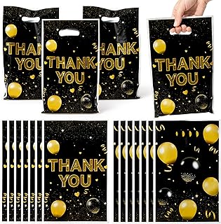 ANGOLIO Thank You Birthday Treat Bags - 50Pcs Black and Gold Party Favor Gift Bags with Plastic Waterproof Candy Bag with Handle for Birthday Candy Goodies Bags Graduation Wedding Baby Shower Birthday Party Supplies