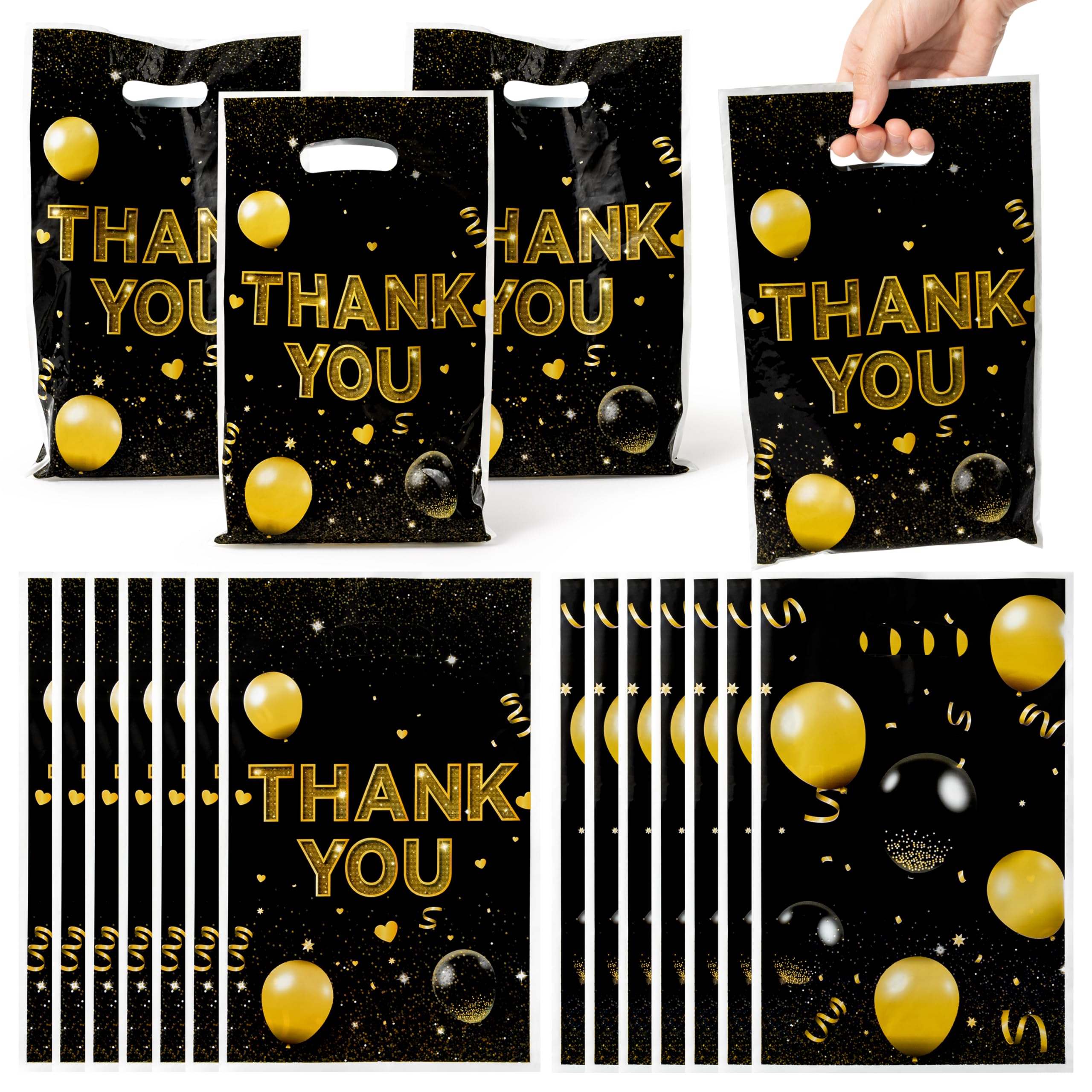 ANGOLIO Birthday Treat Party Bags - 50Pcs Black and Gold Party Favors Bags Print Easter Black Gold Balloon with Handles Plastic Gifts Bags Thank You Birthday Snack Bags Happy Party Favor Supplies