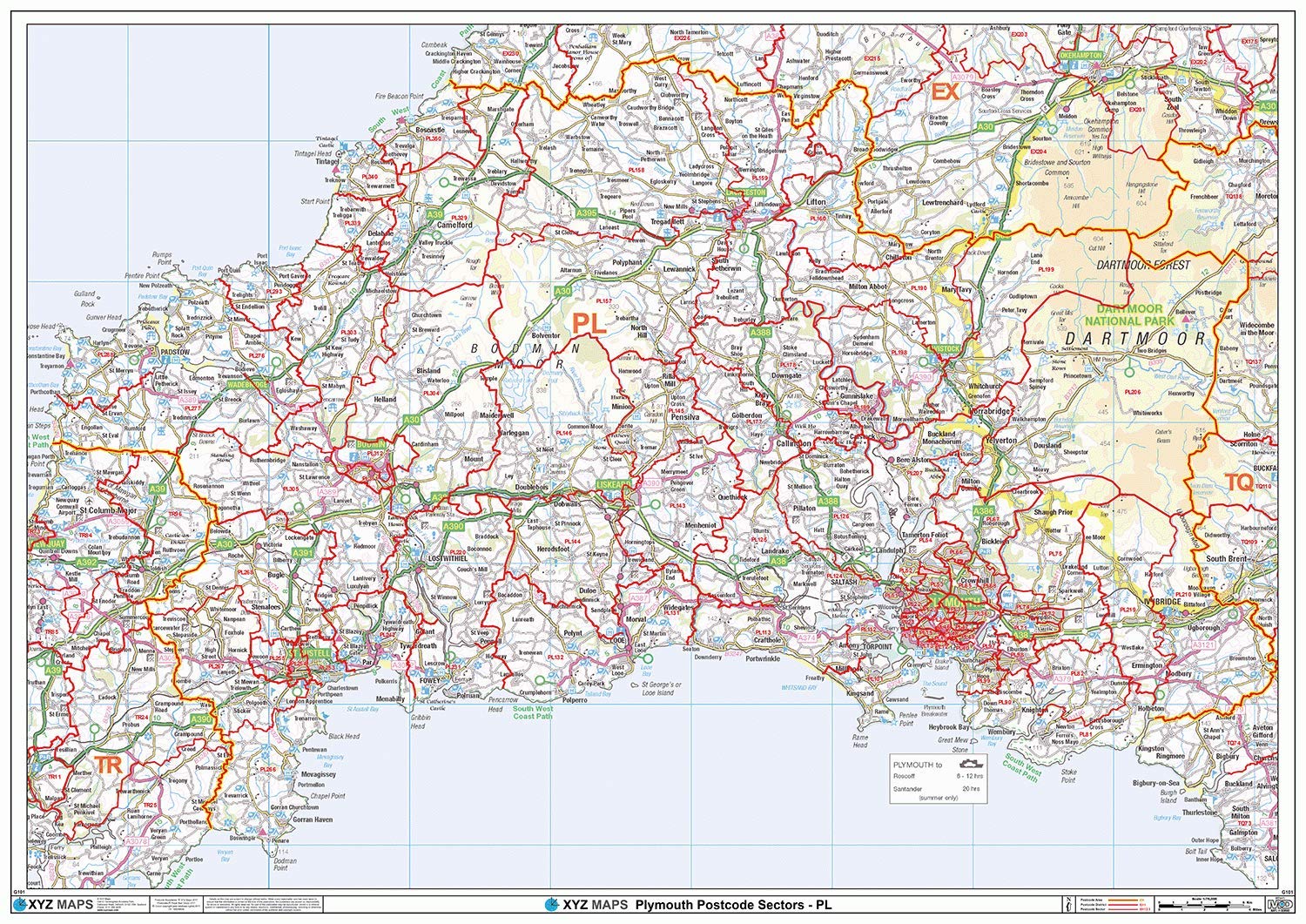 Plymouth - PL - Postcode Wall Map - 2A Plastic Coated (119cm x 168cm)
