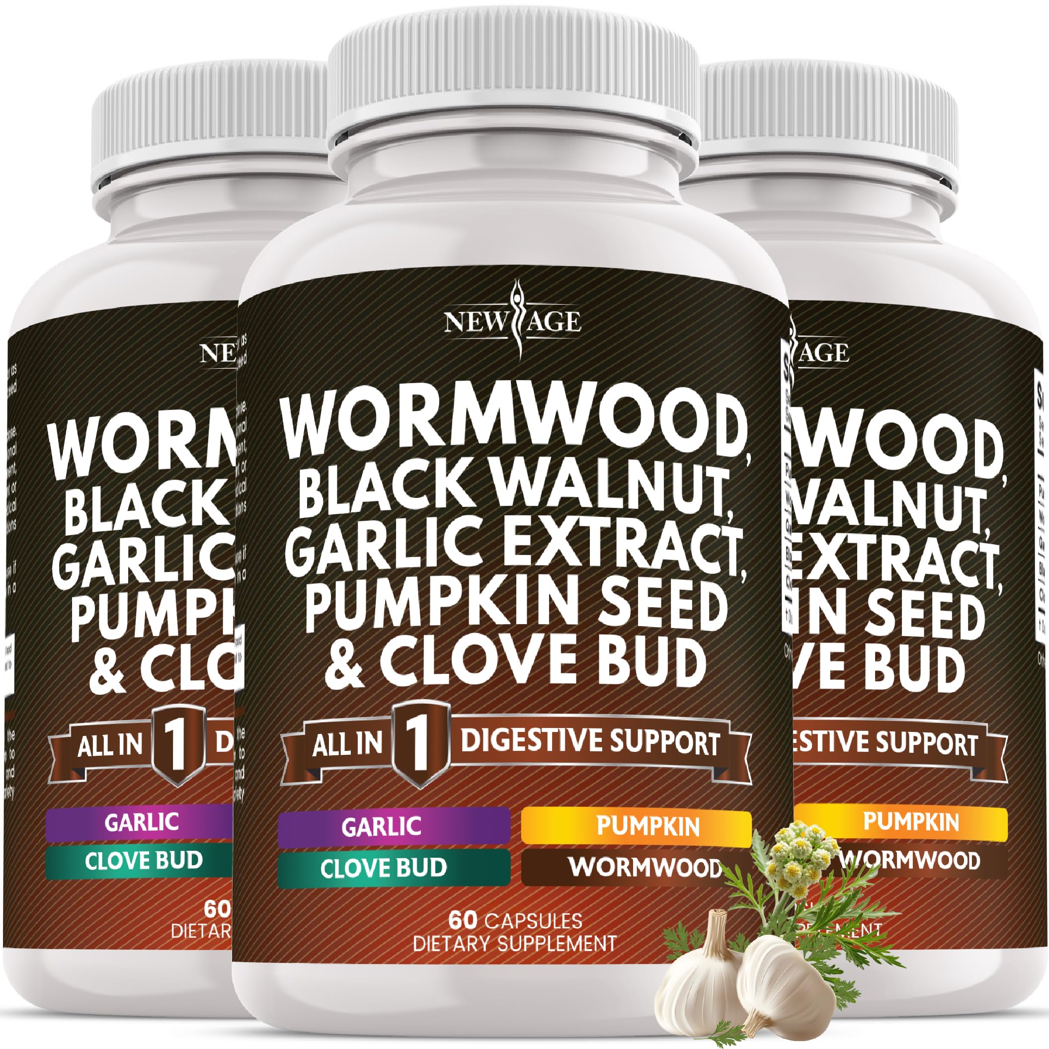 NEW AGE Wormwood Black Walnut Pumpkin Seed Clove Oil Celery Garlic- Intestinal Health Support for Busy Adults- Digestive Balance Support - Gluten-Free, Non-GMO & Vegetarian- 180 Count