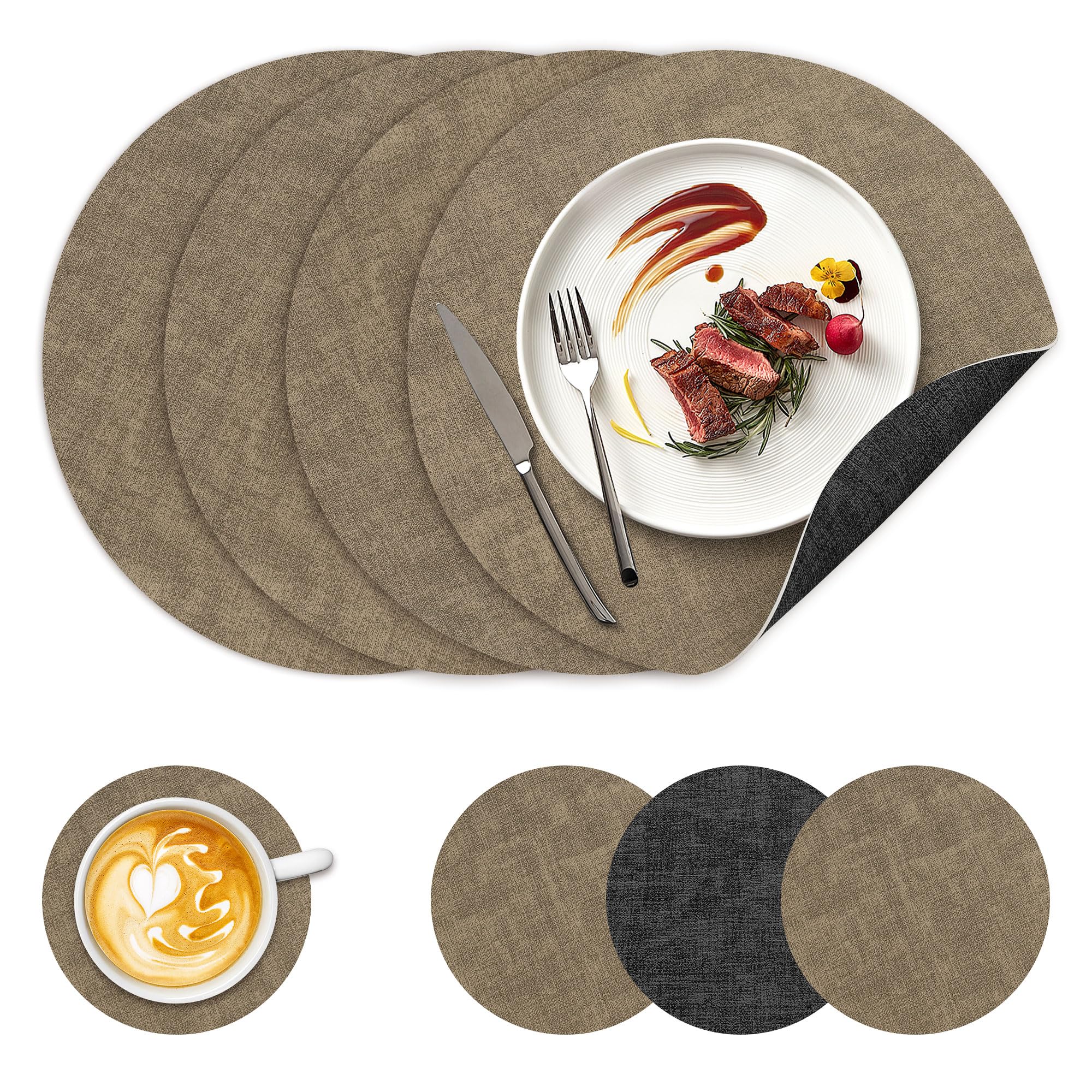 NCUE 13" Faux Leather Round Placemats Set of 4, Reversible Dual-Color