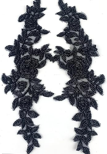 Miniatura 2 de Heyiwell 1 par de apliques de encaje bordado de flores de encaje bordado 3D negro hecho a mano, parches de encaje con cuentas florales para costura,