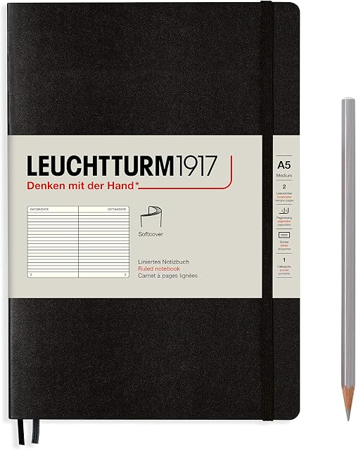 LEUCHTTURM1917 (308290) Notebook Medium (A5) Softcover, 123 Numbered Pages, Ruled, Black