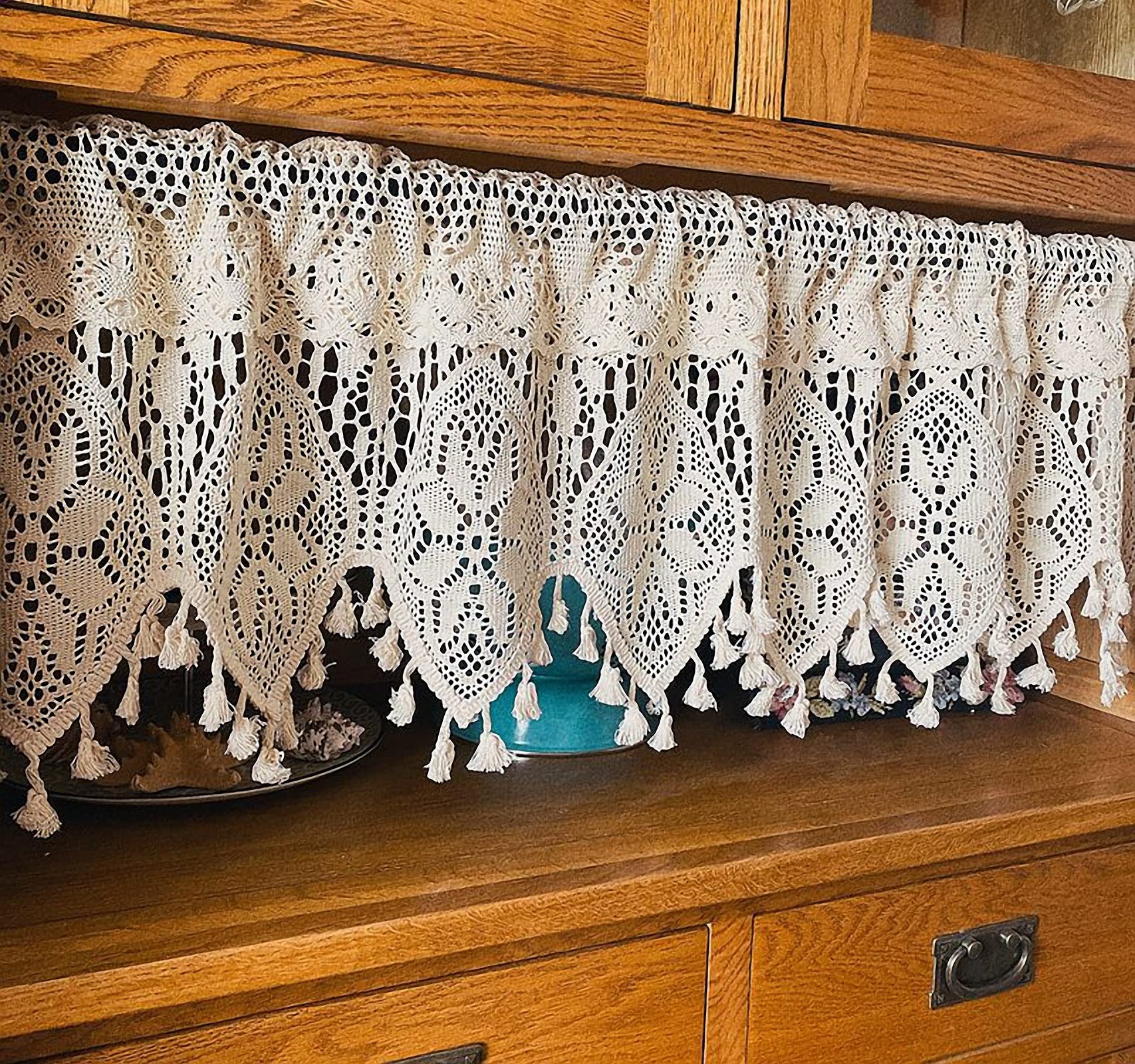 Short Cafe Sheer Net Kitchen Curtains - Cotton Blend Macrame Valance with Tassel Fringe for Farmhouse Dining Room (240 x 38 cm)