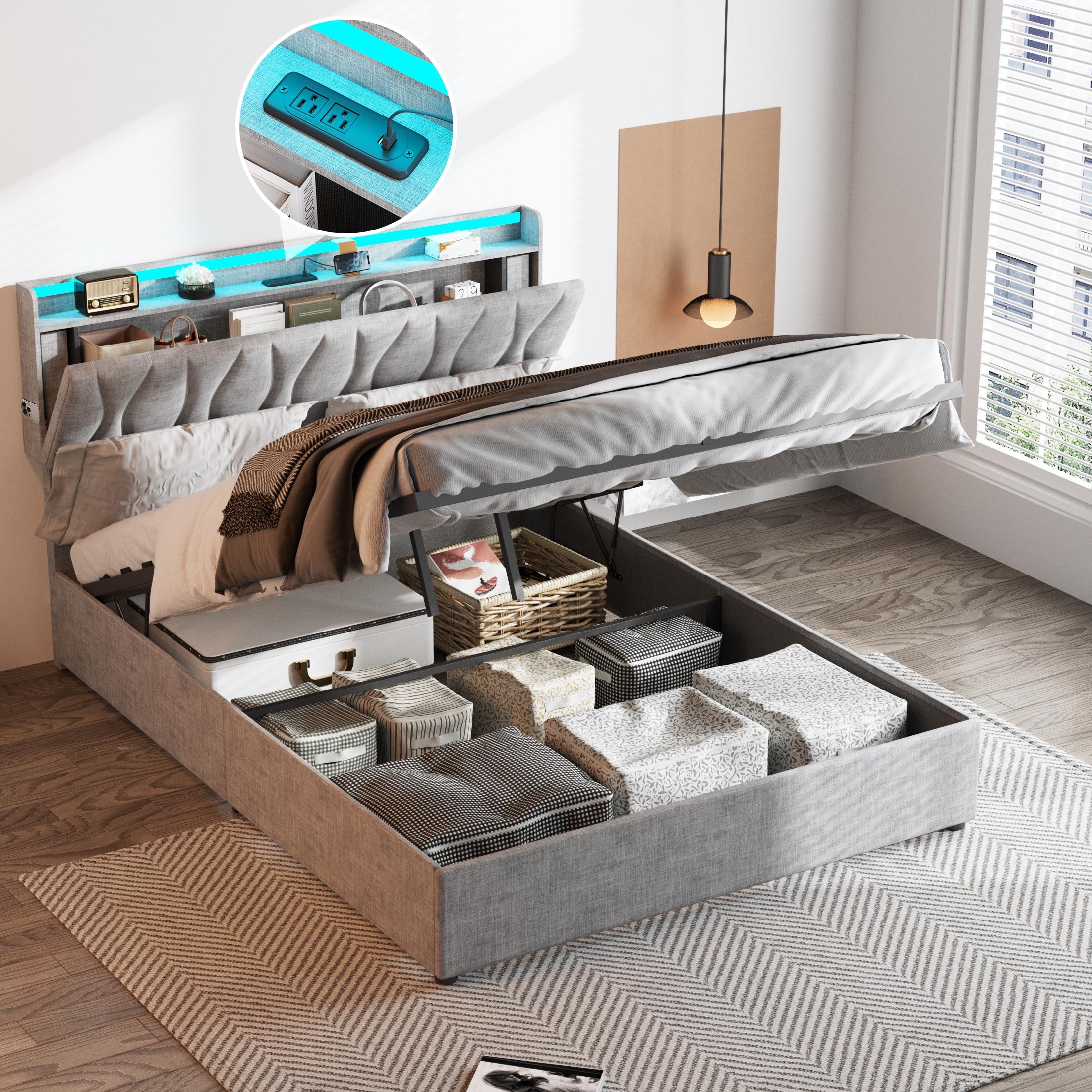 Full Size Lift Up Storage Bed Frame, Height Adjustable Storage Headboard with Charging Station, LED Lights Upholstered Platform Bed, Wooden Slat, No Box Spring Needed, Noise-Free, Light Grey
