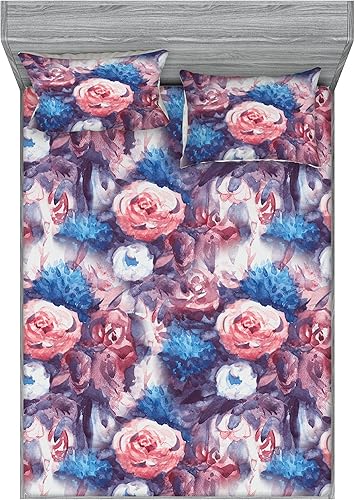 Miniatura 44 de Ambesonne Floral Fitted Sheet & Pillow Sham Set, Retro Wave Inspired Flower Motif with Space Inspired Effects Print, Decorative Printed 3 Piece Dark