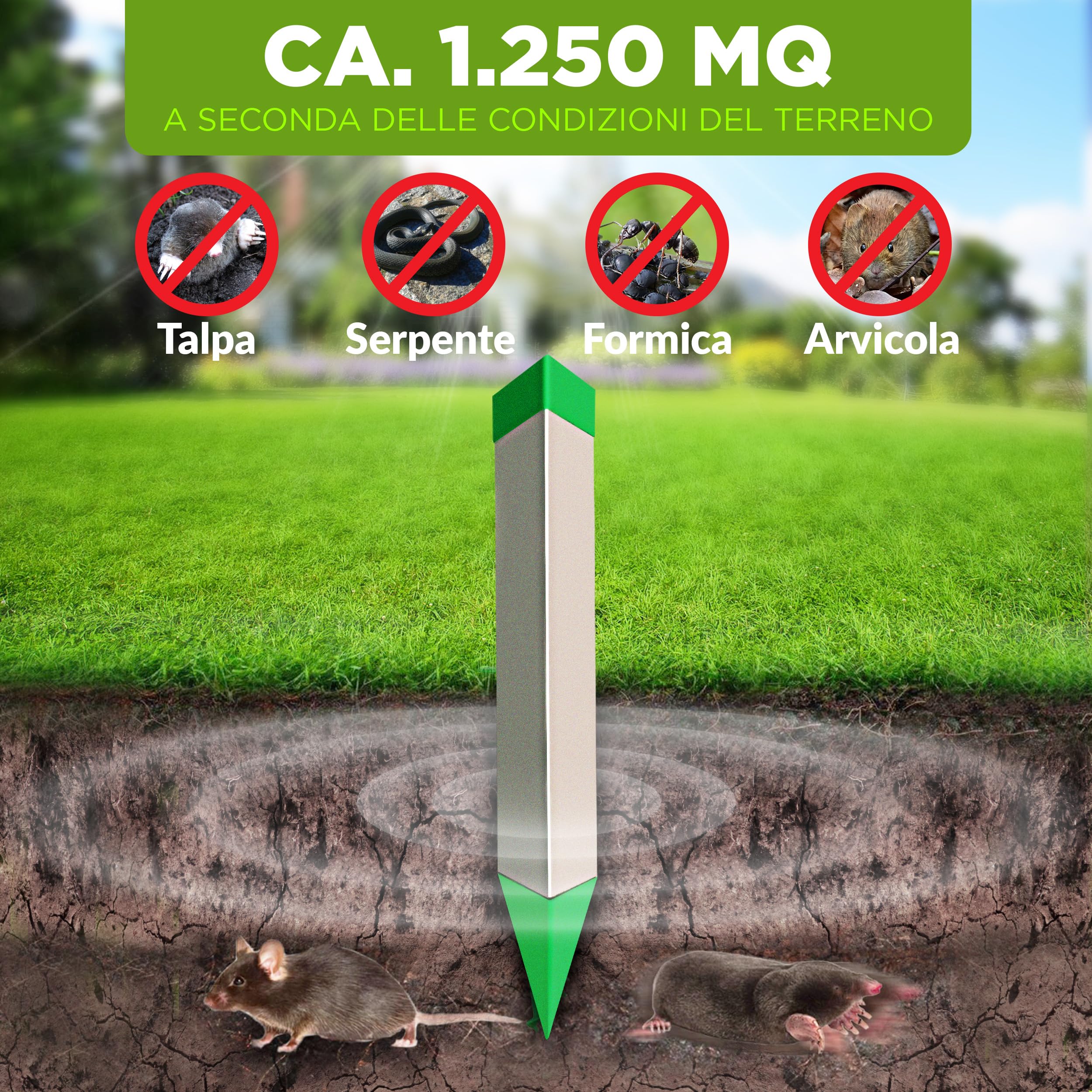 ISOTRONIC Repellente per talpe, arvicole e serpenti – Repellente per talpe a batteria con picchetto per il giardino – Area di copertura effettiva 1.250 m² (3 unità)