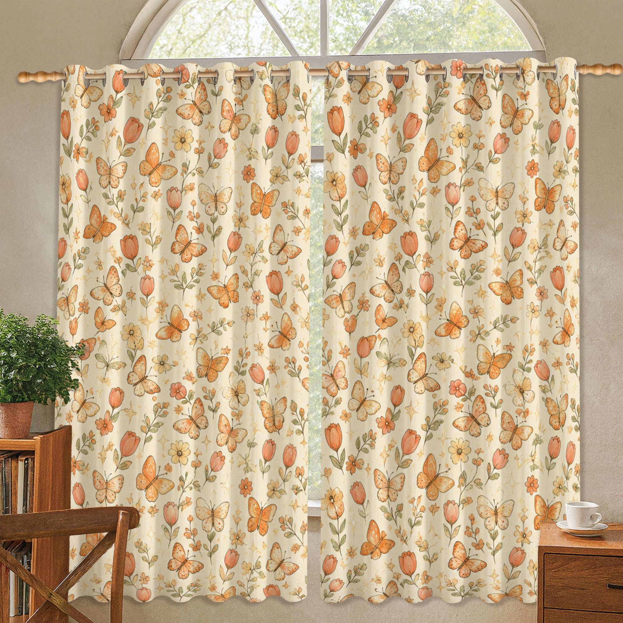 Rideaux occultants orange motif papillon et tulipes 132x137cm
