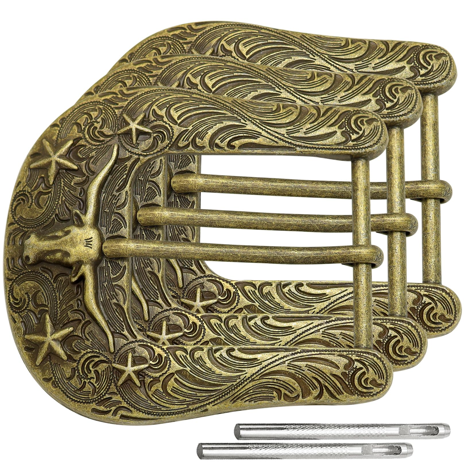 3 Pcs Antique Western Cowboy Belt Buckle Set 1.5"(38mm) Strap Floral Engraved Replacement Buckles for Men Women