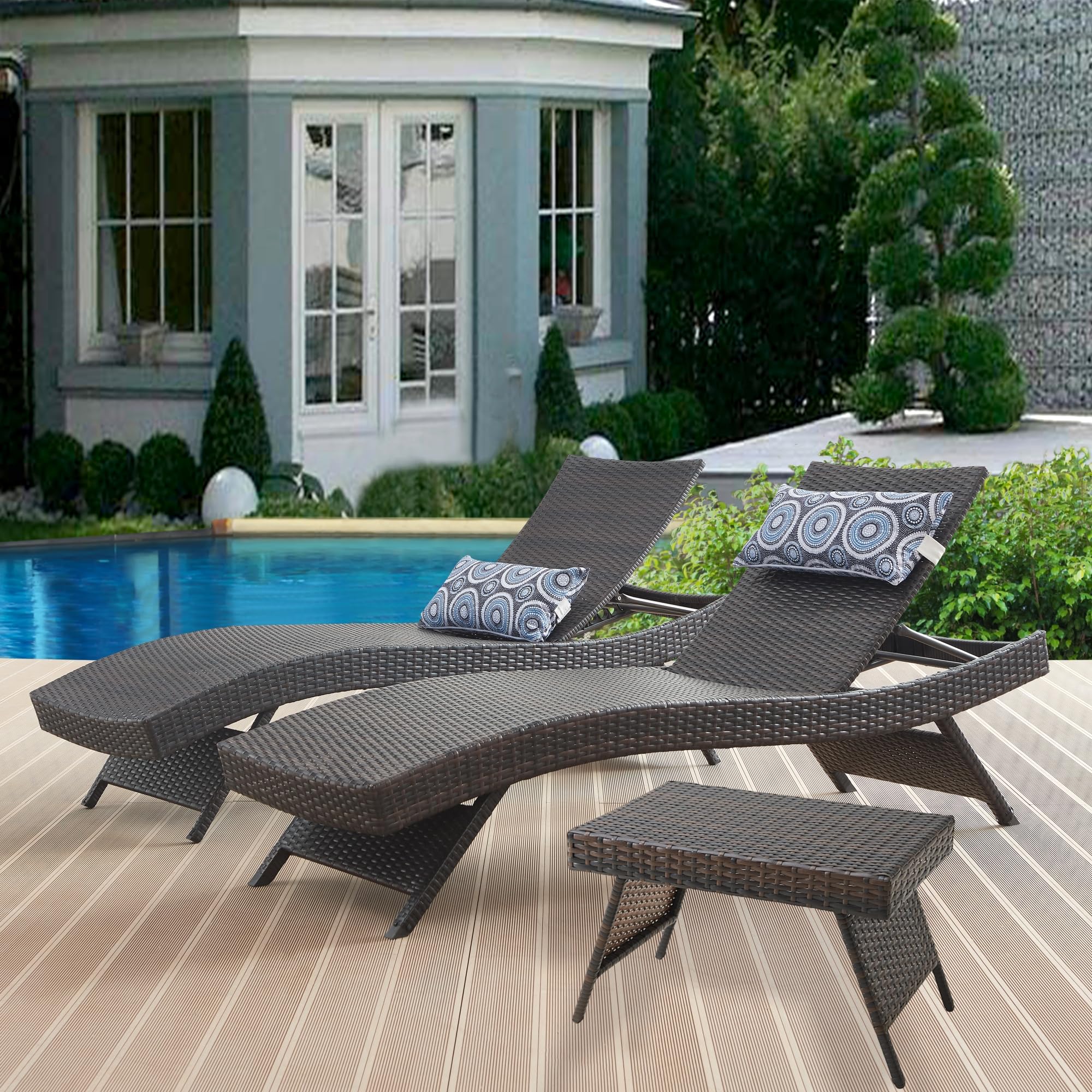 PE Rattan Chaise Lawn Sunbathing Chairs with End Table, 79'' Long Reclining  Chair Set of 2, Chaise Longue Wicker Reclining Lounge Chair for Patio