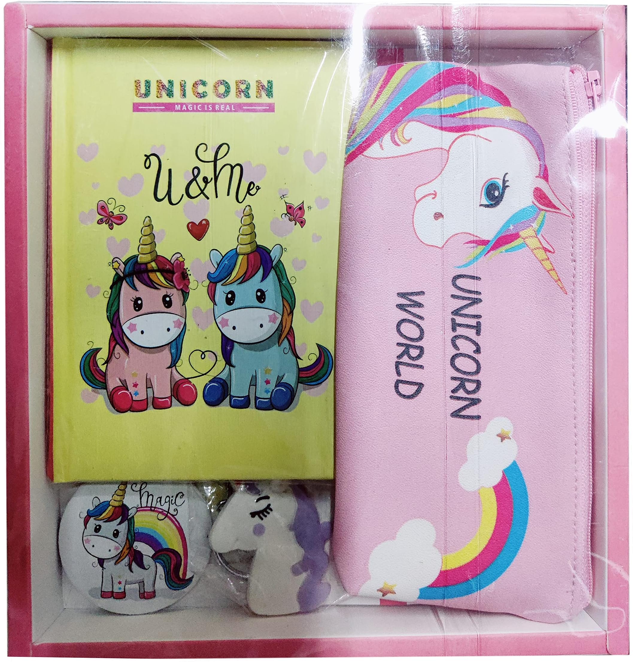 JIADA Unicorn Gift Set Combo - Includes 1 A6 Diary, 1 Keychain,1 Pouch And 1 Badge - Ideal For Birthday, Rakhi And Party Return Gifts