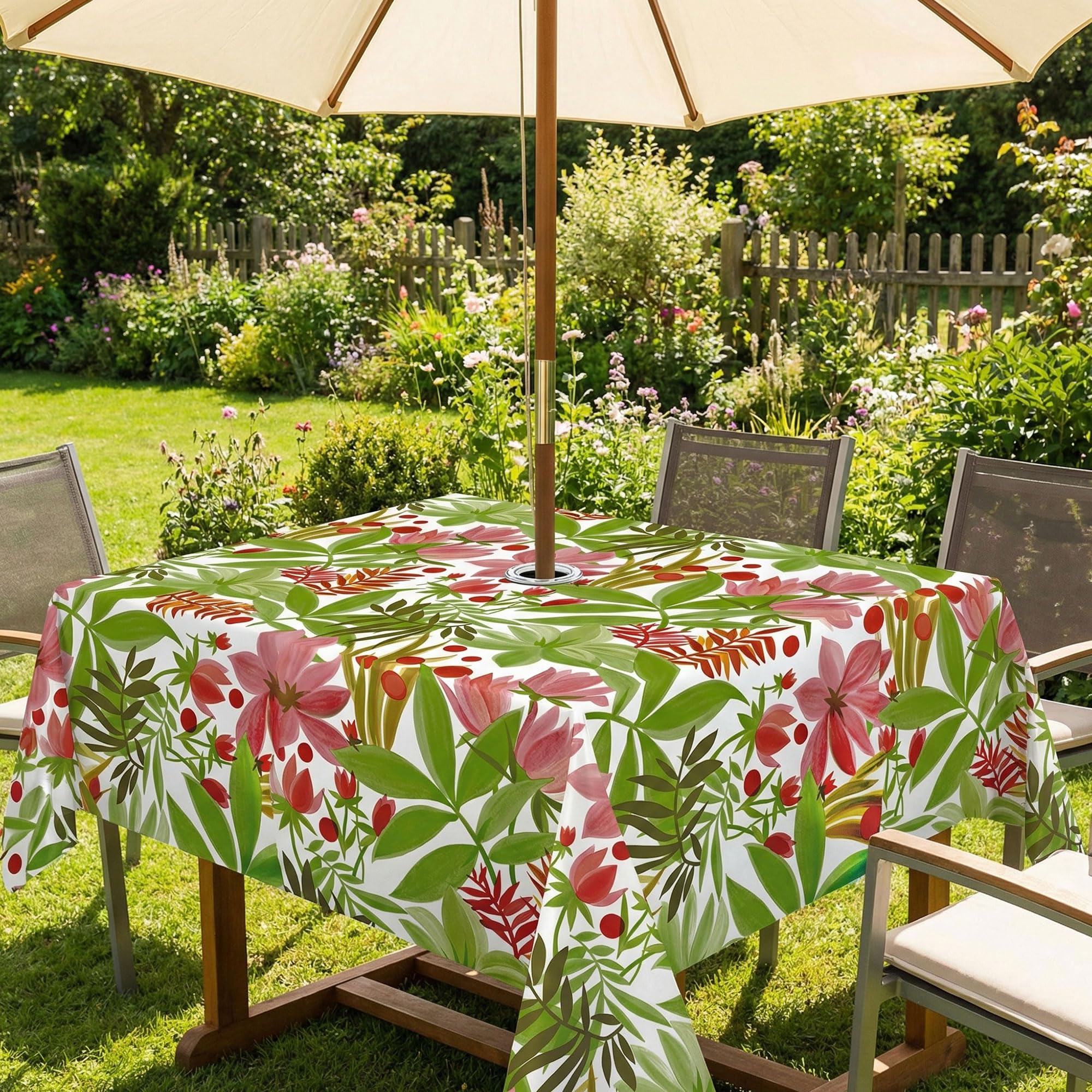 Qpc Direct Tropical Flowers Wipe Clean Waterproof Outdoor Garden Tablecloth With Parasol Hole (, Rectangle 140 X 200Cm)