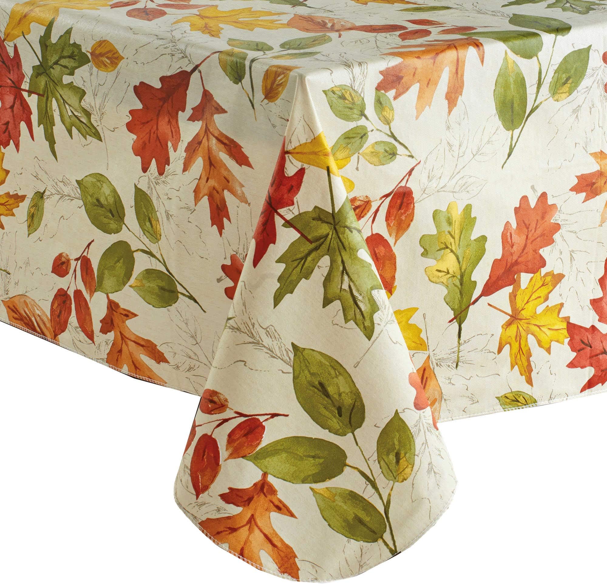 Fall Vinyl Tablecloth Flannel Backed, Colorful Falling Autumn Leaves Print, (70 Round)