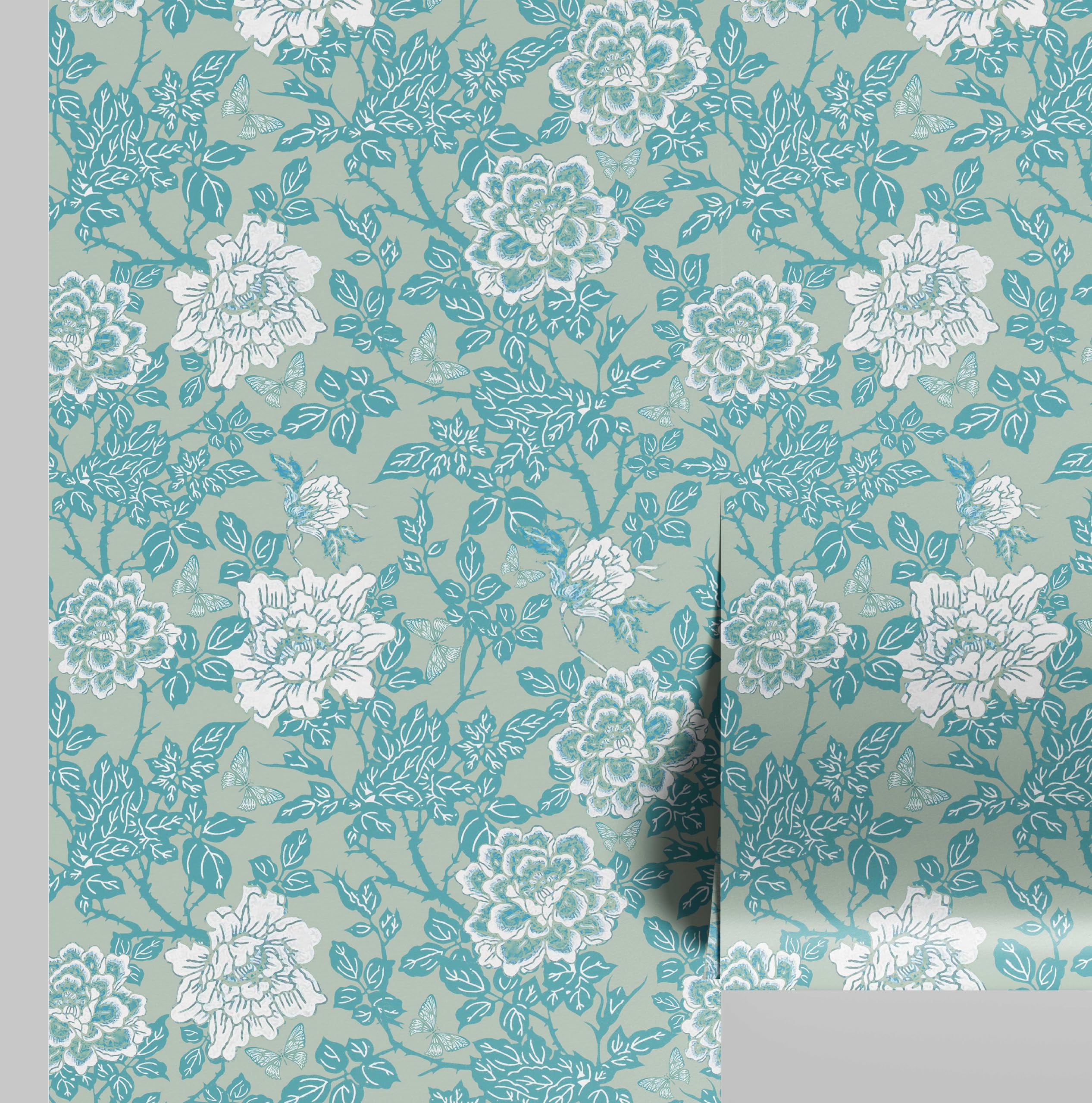 Papier peint haut de gamme roseraie turquoise en vinyle texturé S4Sassy autocollant 63x304