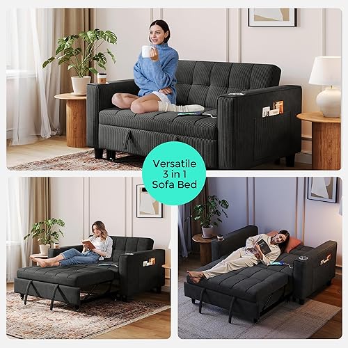 Miniatura 6 de LINSY Sofá cama convertible 3 en 1, sofá cama extraíble de 54 pulgadas con estación de carga y soporte para tazas, sofá biplaza plegable pequeño con
