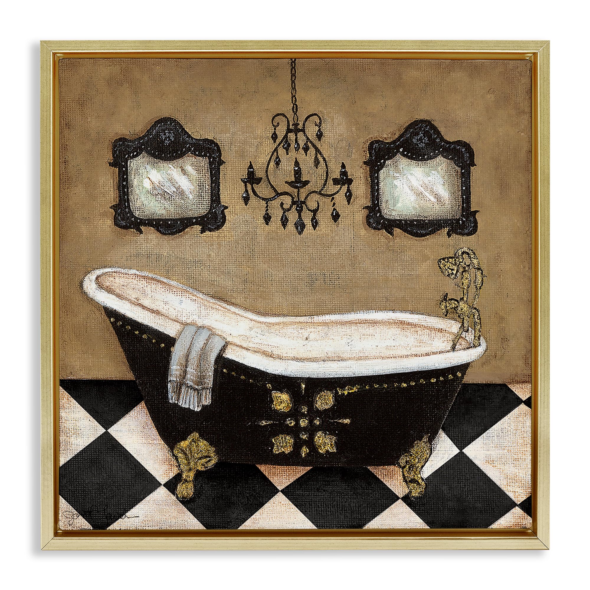 Stupell Industries 'Elegant Vintage Bathtub', Floating Frame Canvas Art, Gold, 25 x 25 Inches, Easy to Hang and Sturdy, Made in USA, by Janet Tava