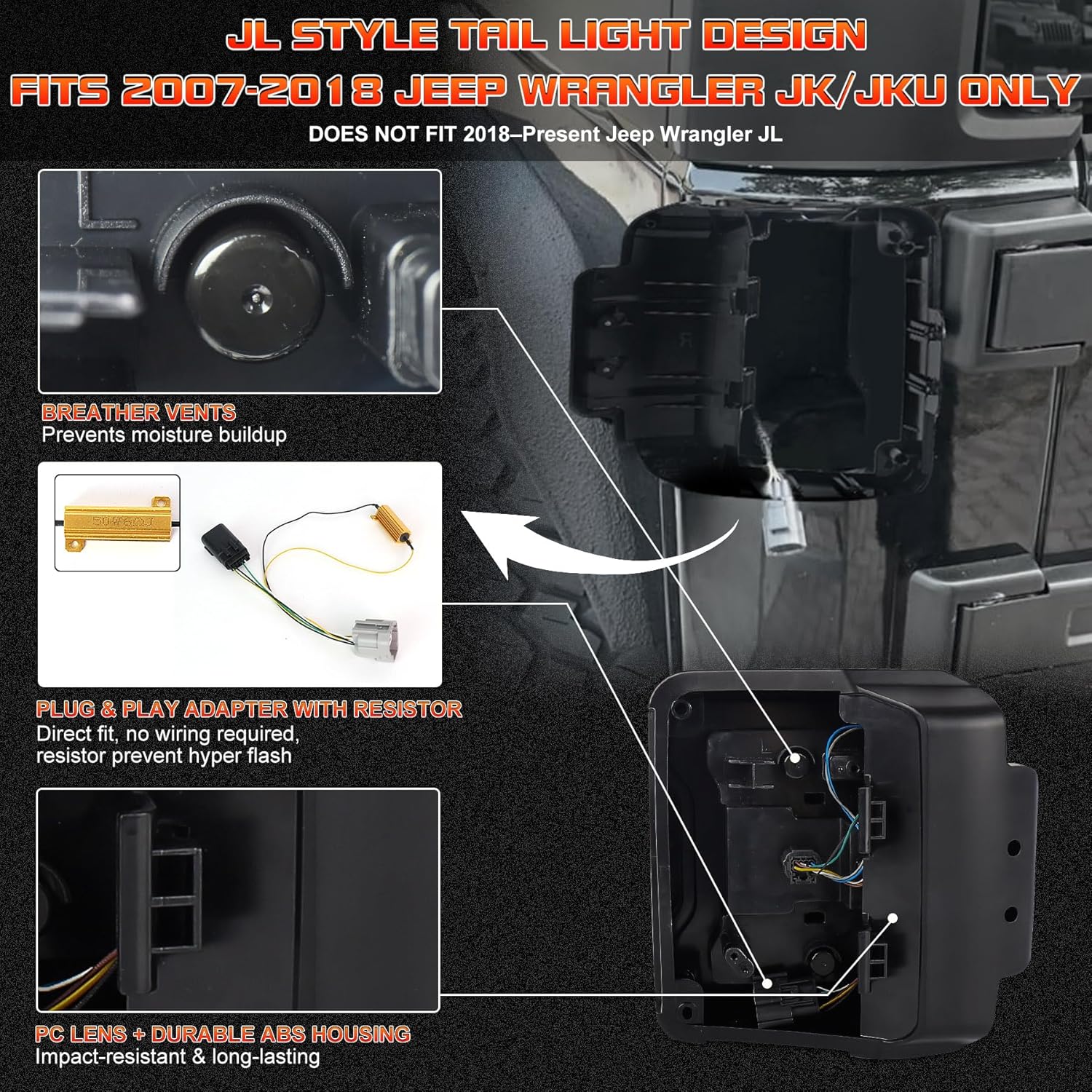 JK LED Tail Lights for 2007-2018 Jeep Wrangler JK JKU, Smoke Lens Rear Brake Turn Signal Reverse Lights, Plug & Play, Waterproof