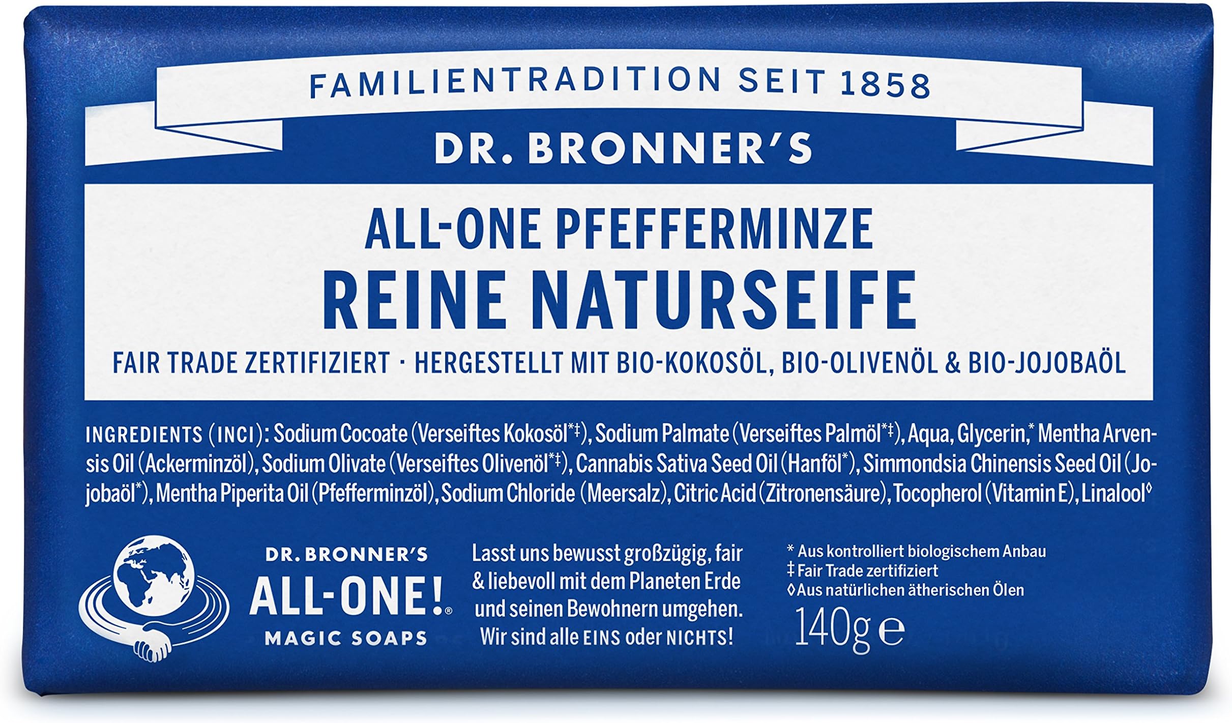 Dr Bronner's Peppermint Pure-Castile Bar Soap 140 gr