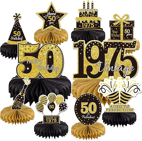 10 centros de mesa de nido de abeja para cumpleaños número 50, color dorado y negro con texto en inglés Happy 50th Birthday para hombres y mujeres,