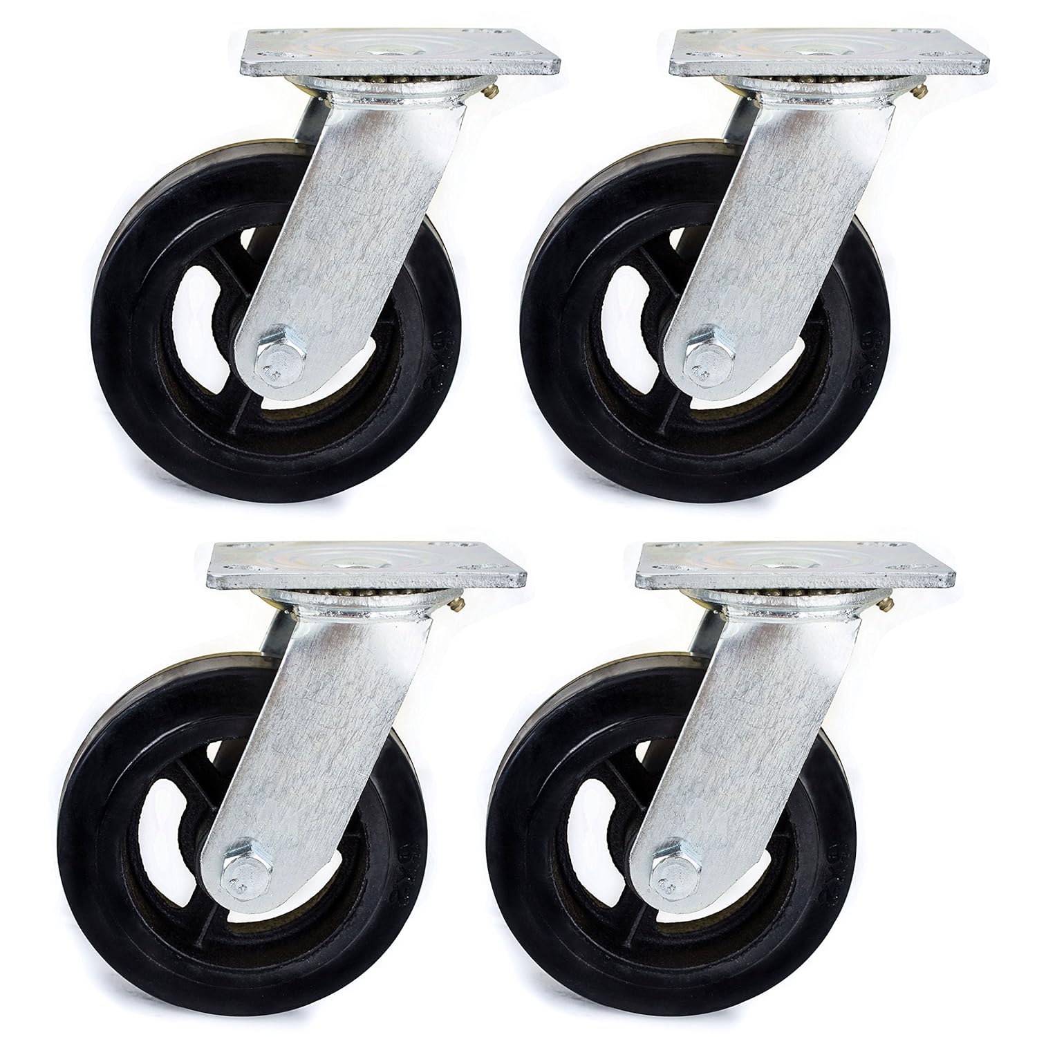 Pack of 4 - RK Heavy Duty Moldon Rubber Swivel Casters Iron Wheel, 6" x 2", Capacity: 500 lbs/Ea