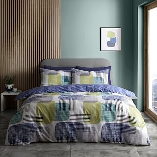 Catherine Lansfield Bedding Layered Geo Double Duvet Cover Set with Pillowcases Navy/Green