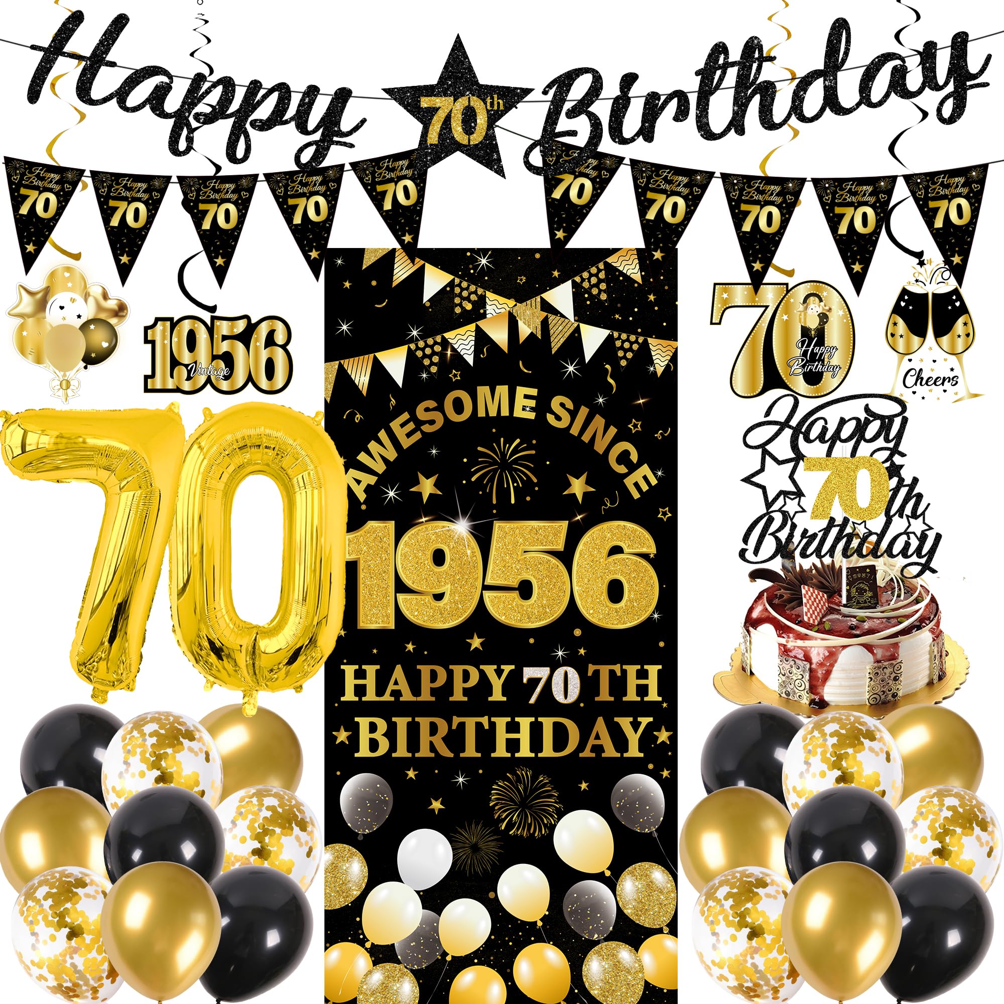 70th Birthday Decorations Men Women - 27 Pcs Black Gold Happy 70th Birthday Banner Triangular Flag Hanging Swirls Backdrop Cake Topper 70 Balloon Set for 70 Years Old Party Decoration Supplies