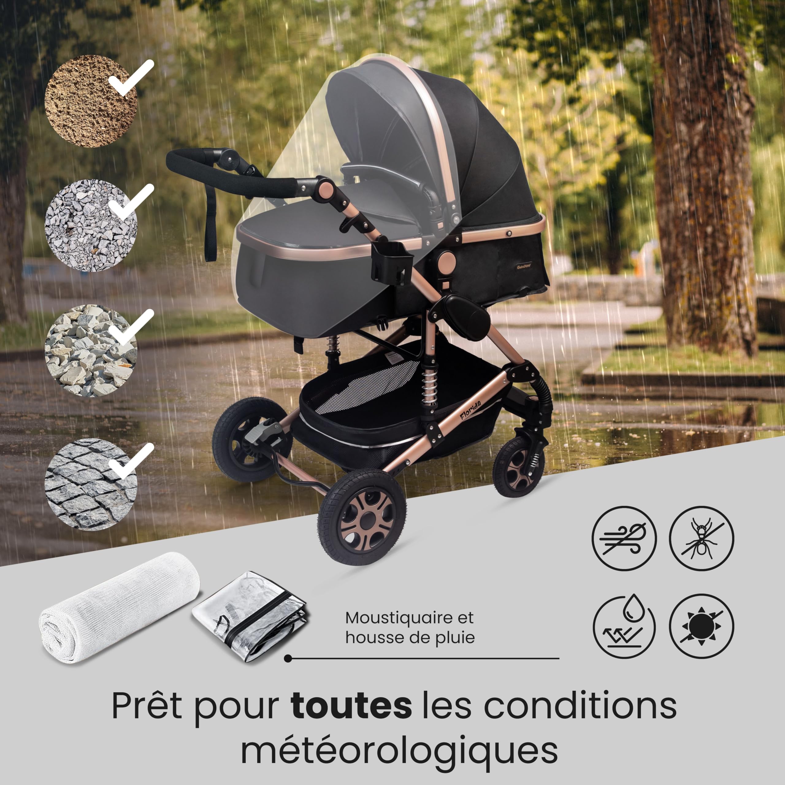 GaGaDumi Florida poussette 3 en 1 set complet avec siège auto - Baby Stroller 3en1 TÜV - poussette combinée 3 en 1 set complet pneus pleins en caoutchouc - sac à langer Noir/Noir
