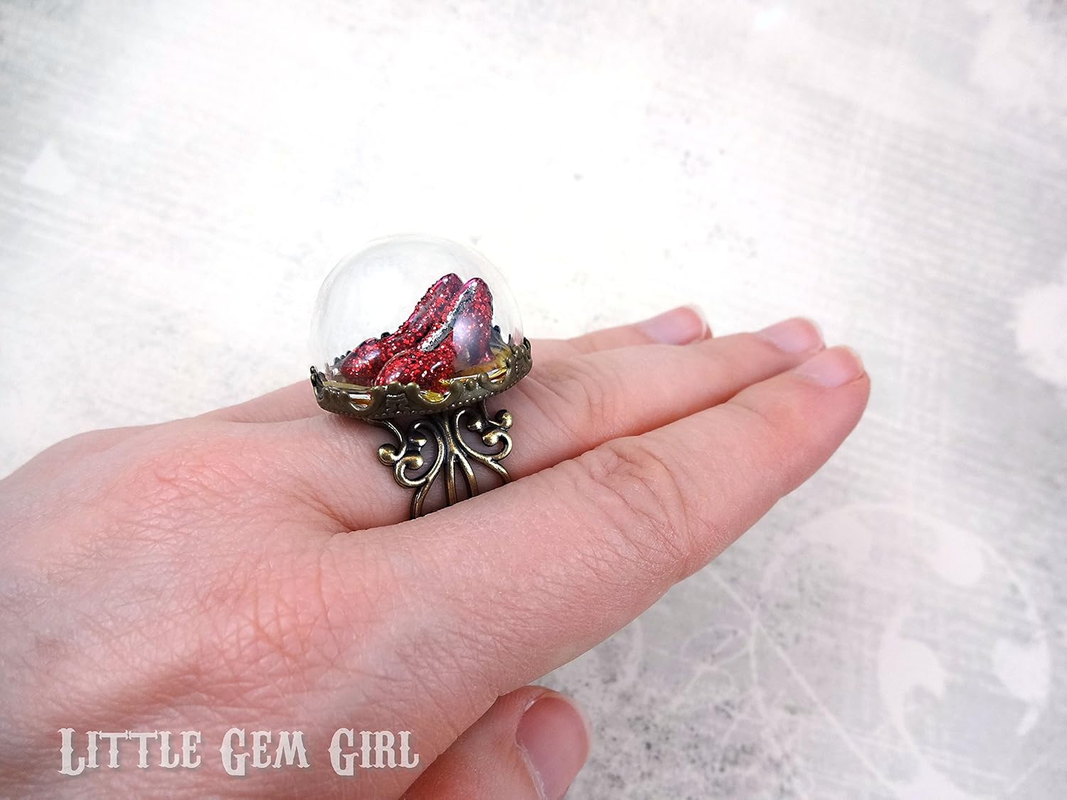 Ruby Red Slippers on the Yellow Brick Road Ring in Bronze or Silver Filigree Adjustable Band - Handmade Adult Artisan Jewelry