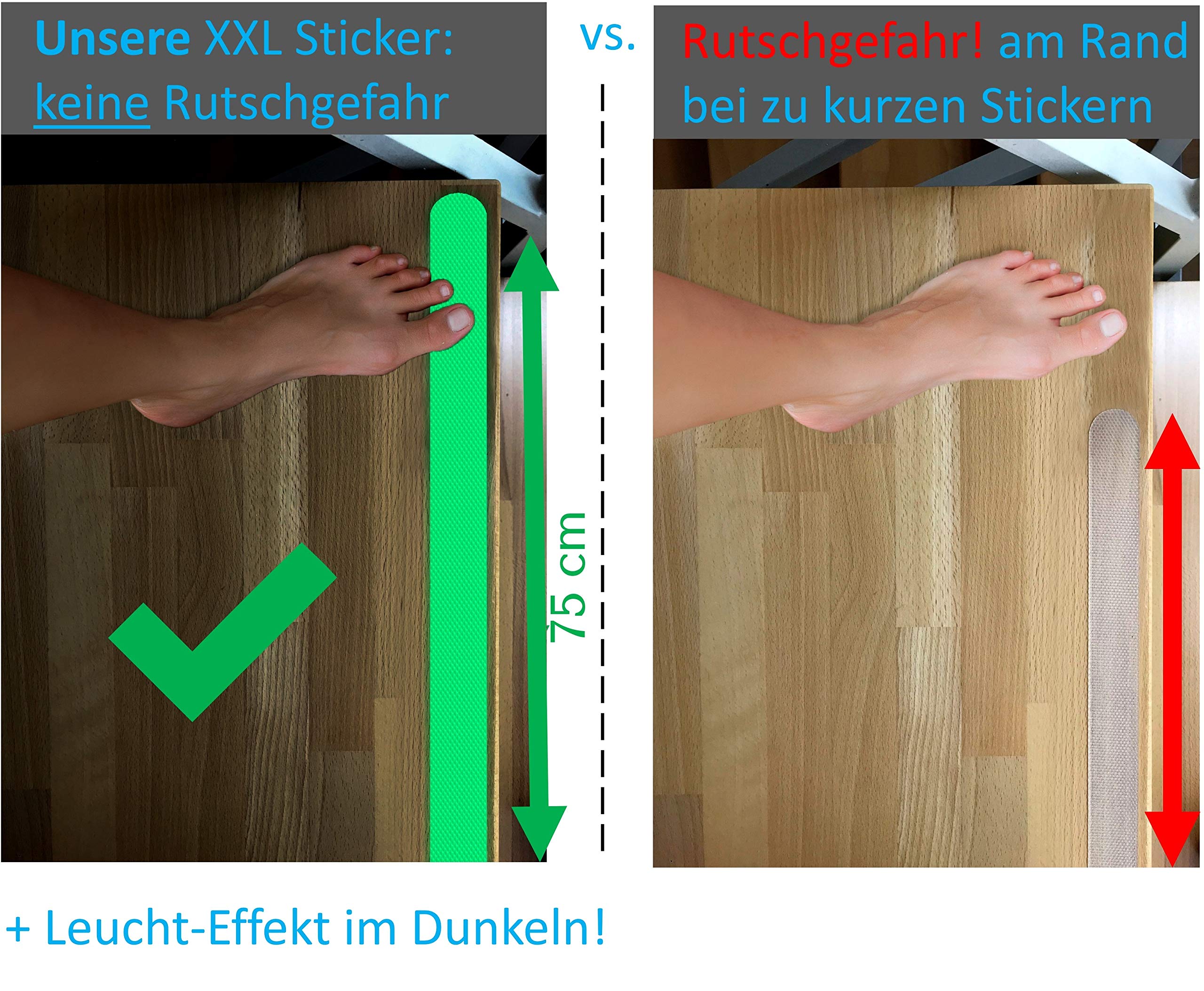 Fluoreszierende Anti Rutsch Streifen Leuchtend Aufkleber Treppe, nachleuchtendes Klebeband, XXL (75x3 cm), für Treppenstufen innen, Antirutsch Sticker - 18-Pack
