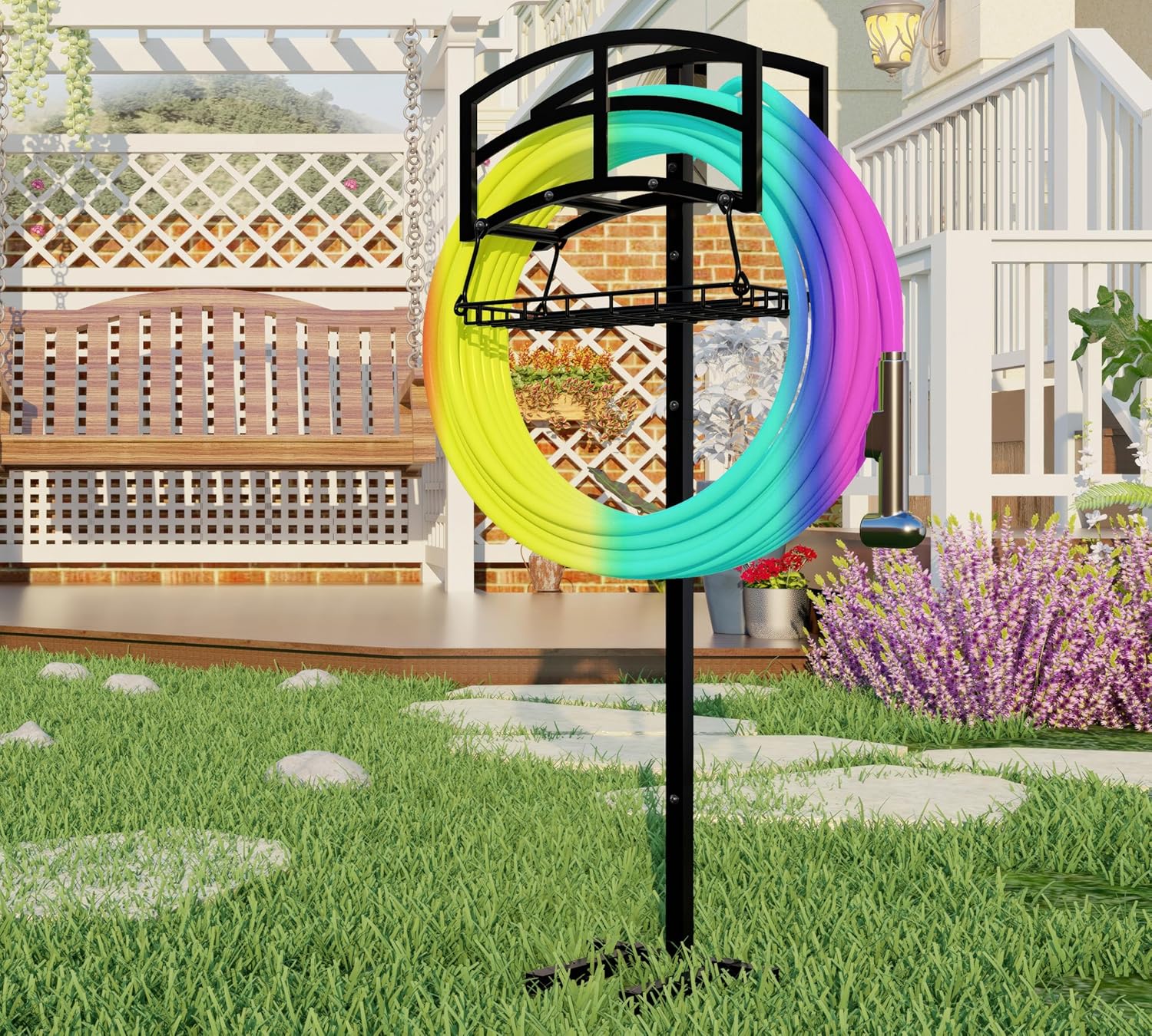 Fire Beauty Garden Hose Holder with Storage Basket,Heavy-Duty,80+ lb Capacity,Rust-Proof Stainless Steel,Organizes 150ft Hose for Patio,Yard, or Garage
