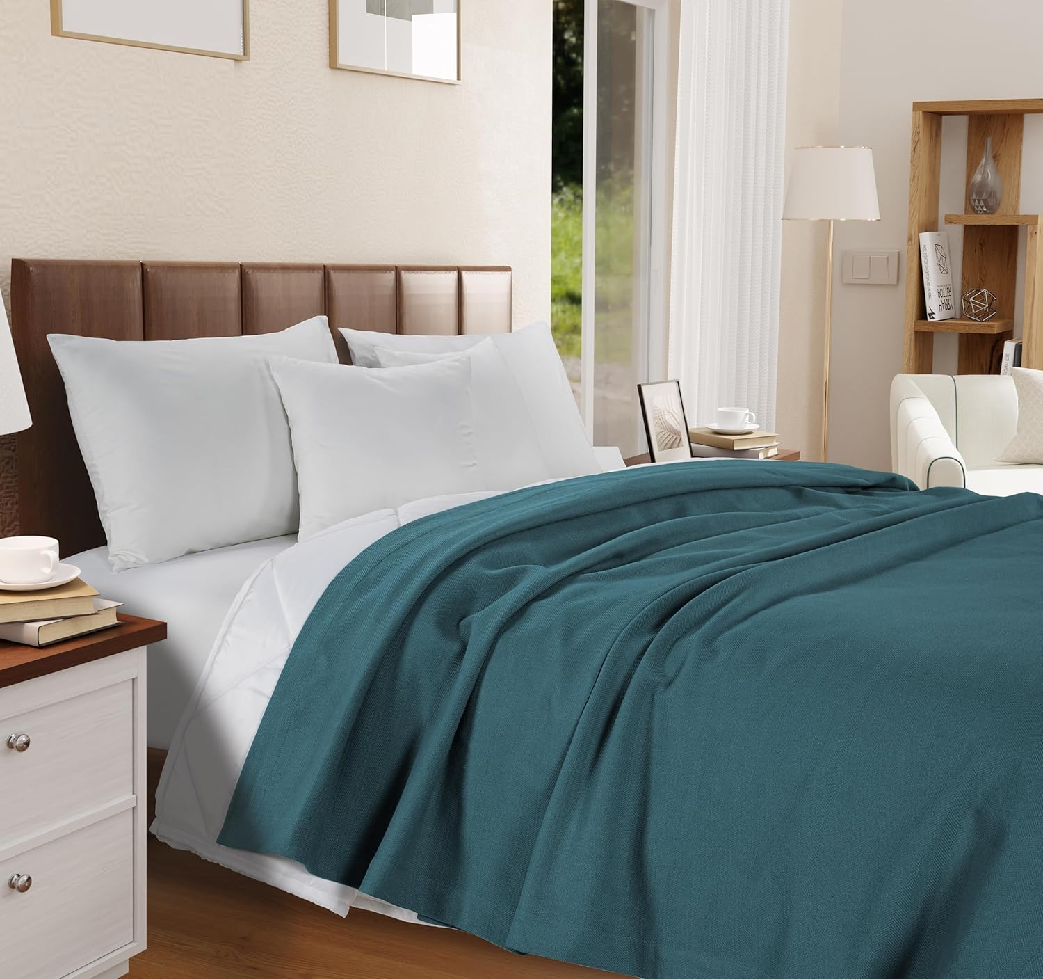 LANE LINEN 100% Cotton Blanket Queen Size 90"x90" – Soft, Lightweight Cooling & Warm Blanket for Bed, All-Season Comfort, Oversized Herringbone Design – Sage Green - Image 3