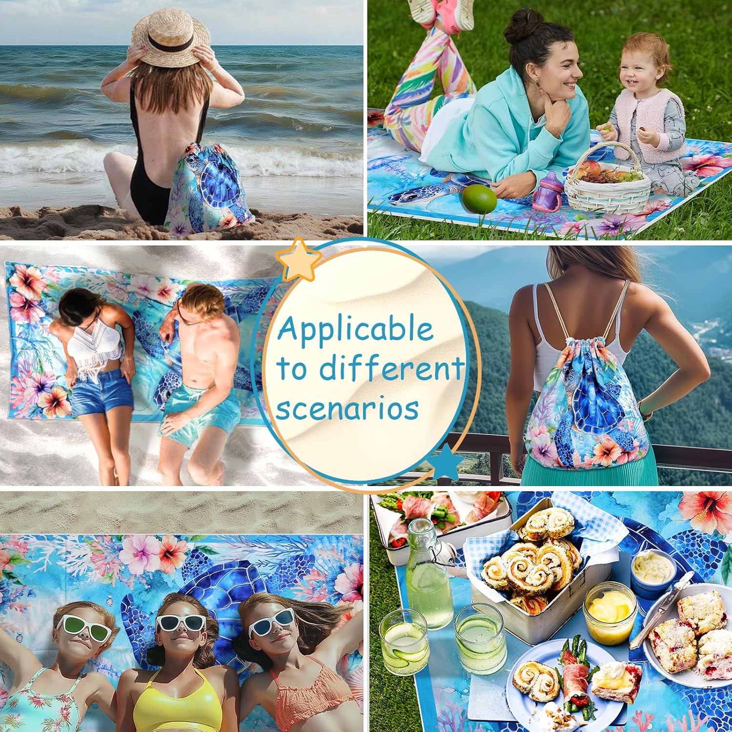 Sea Turtle Beach Towel Bag - Summer Multi-Functional Microfiber Beach Blanket Flower Printed Drawstring Bag for Travel