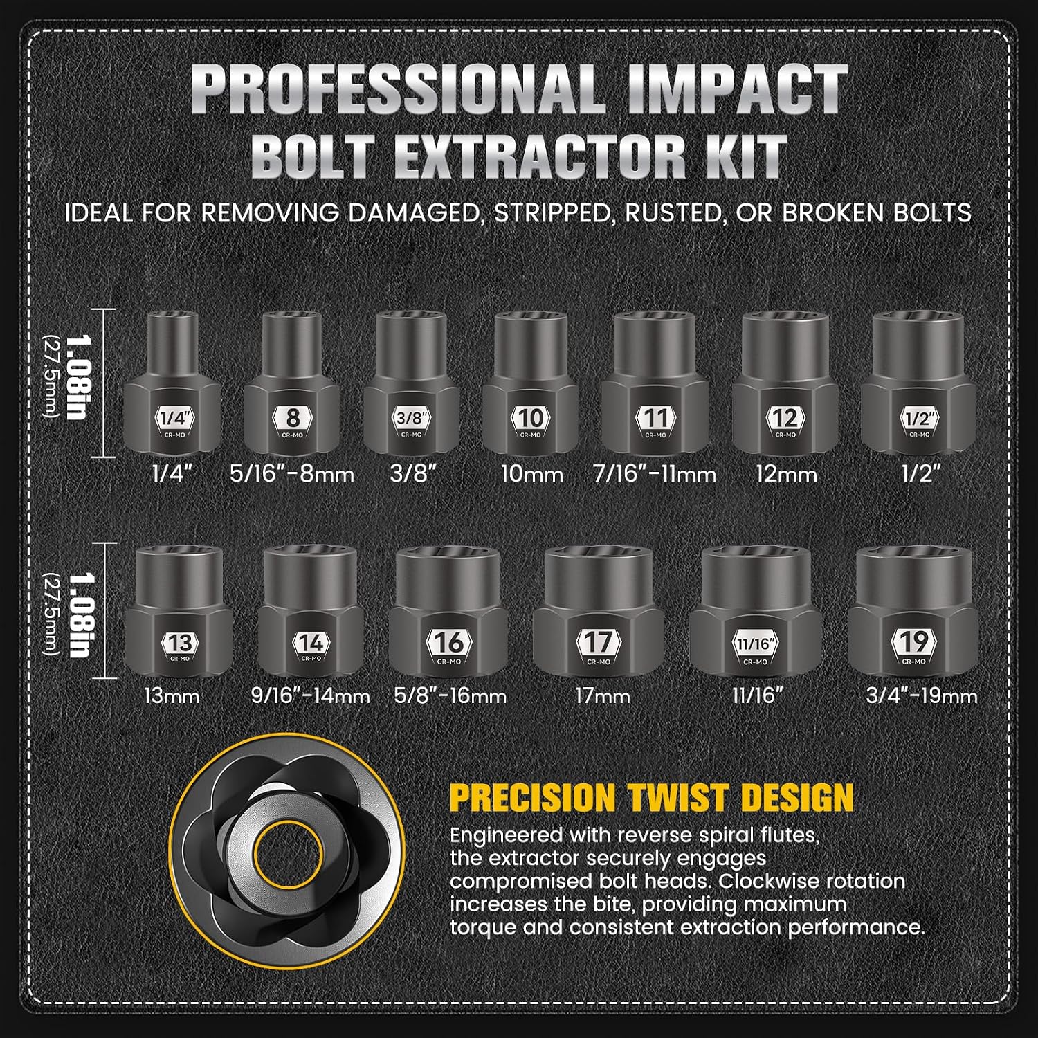 13-Piece 3/8" Drive Impact Bolt Extractor Set, Easy Out Stripped Lug Nut Removal Tool for Broken, Rusted, Rounded, Damaged Nuts & Screws, Twist Designed, Cr-Mo Steel, with Heavy Duty Case