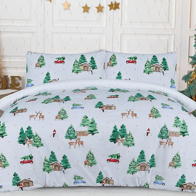 Sleepdown Winter Huts Snowman Xmas White Multi Reversible Duvet Cover Quilt Bedding Set with Pillowcase Soft Easy Care Bed Linen - Single (135cm x 200cm)
