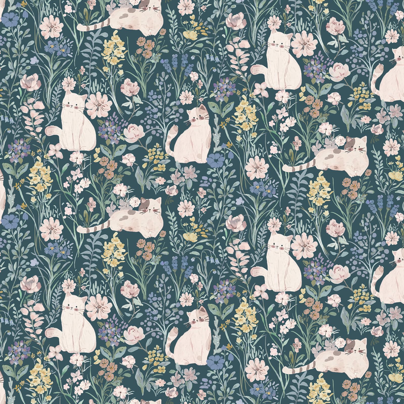 Yomshi Self Adhesive Wallpaper Blue Cat and Floral Vinyl Film 44 x 300 cm Lovely Vintage Contact Paper Sticky Back Plastic Roll for Drawer Bedroom Textured Waterproof Easy to Install โ image 1