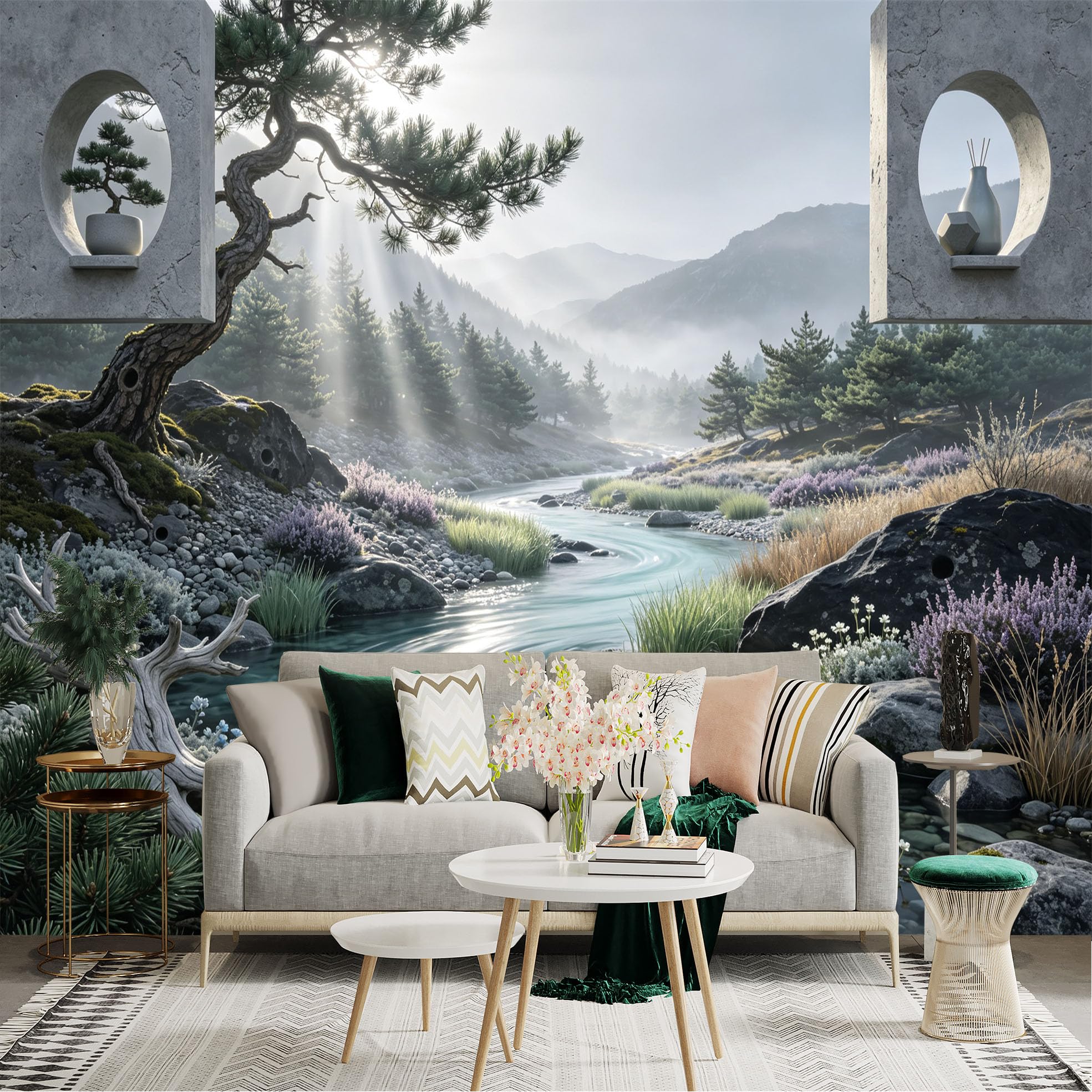 Lnzczhyre Bh260719314 Custom Size Wall Sticker Mural， Zen River Landscape， Misty Forest Morning， Sun Rays And Stone Archway， For Wall Decoration， Peelandstick Wall Decals.
