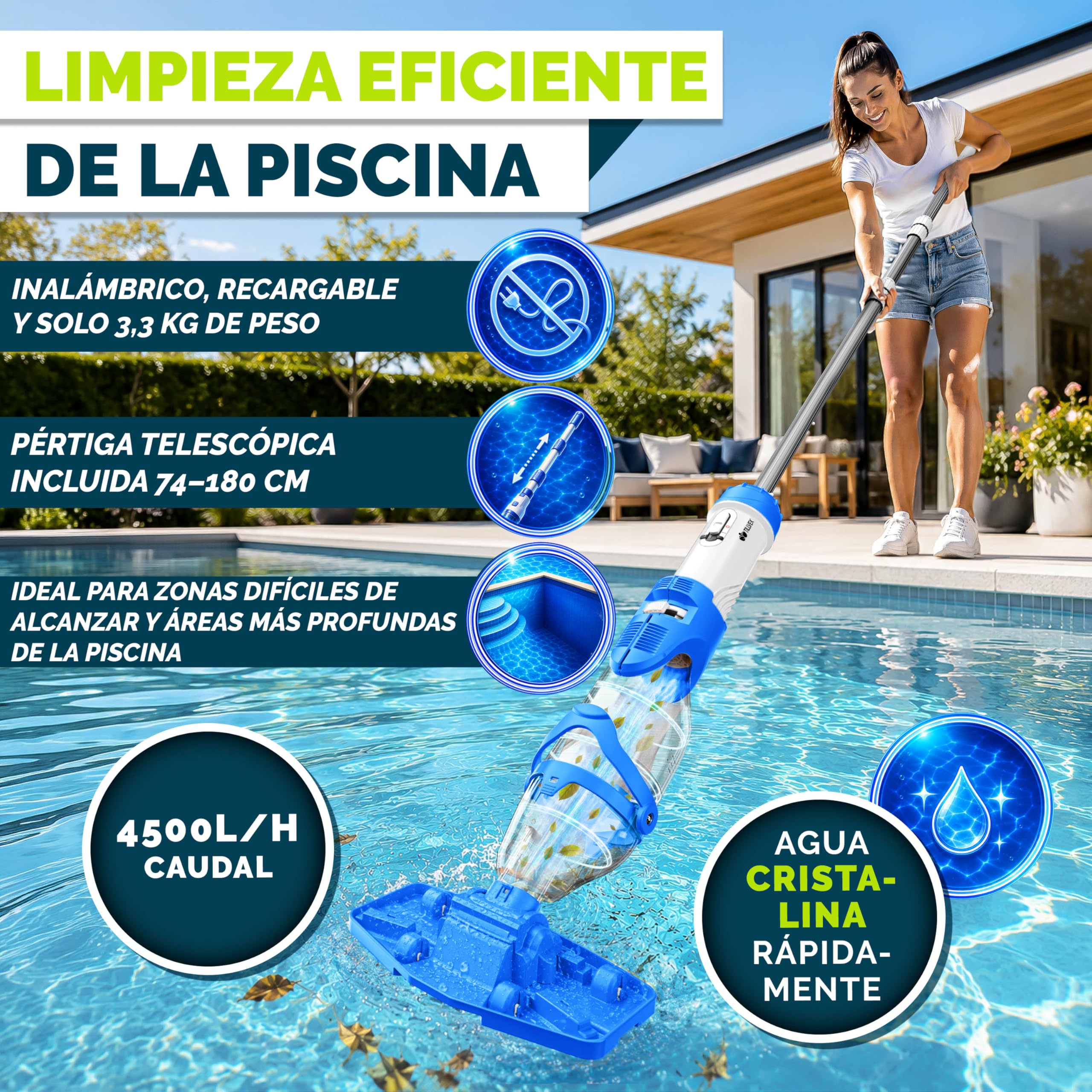 tillvex Aspirador de Piscina con batería y Barra telescópica + Filtro de Repuesto de hasta 15 m³ | Aspiradora eléctrica para Piscina con Filtro y 60 min de autonomía | Set de Limpieza inalámbrico