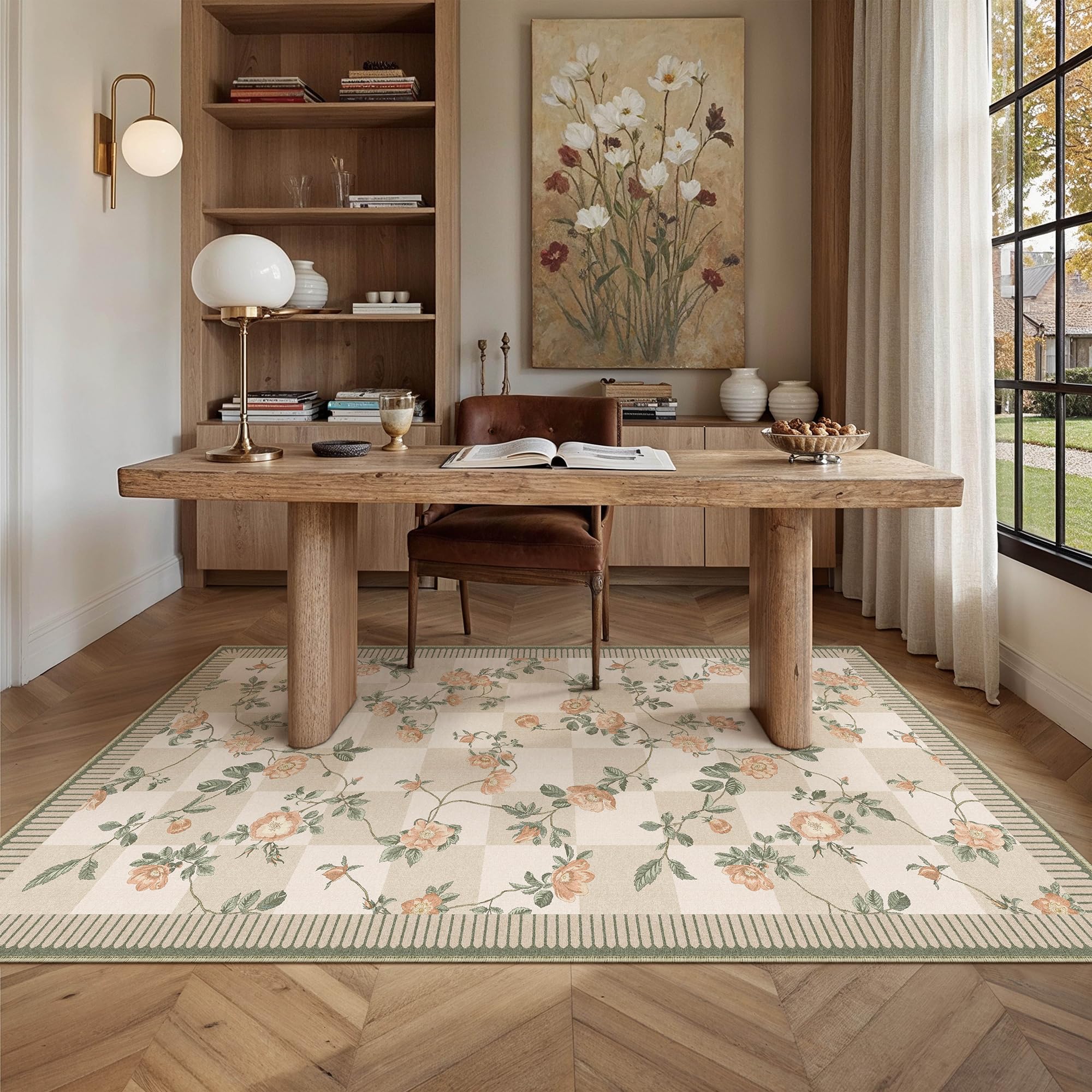 PureCozy Waschbarer Teppich Blumenmuster 120x170cm Blumen Kariert Neutral Modern Rugs for Living Room Weich rutschfest Tepich Kurzflor Schlafzimmer Carpet Esszimmer Bedroom Teppiche Büro, Beige&Grün