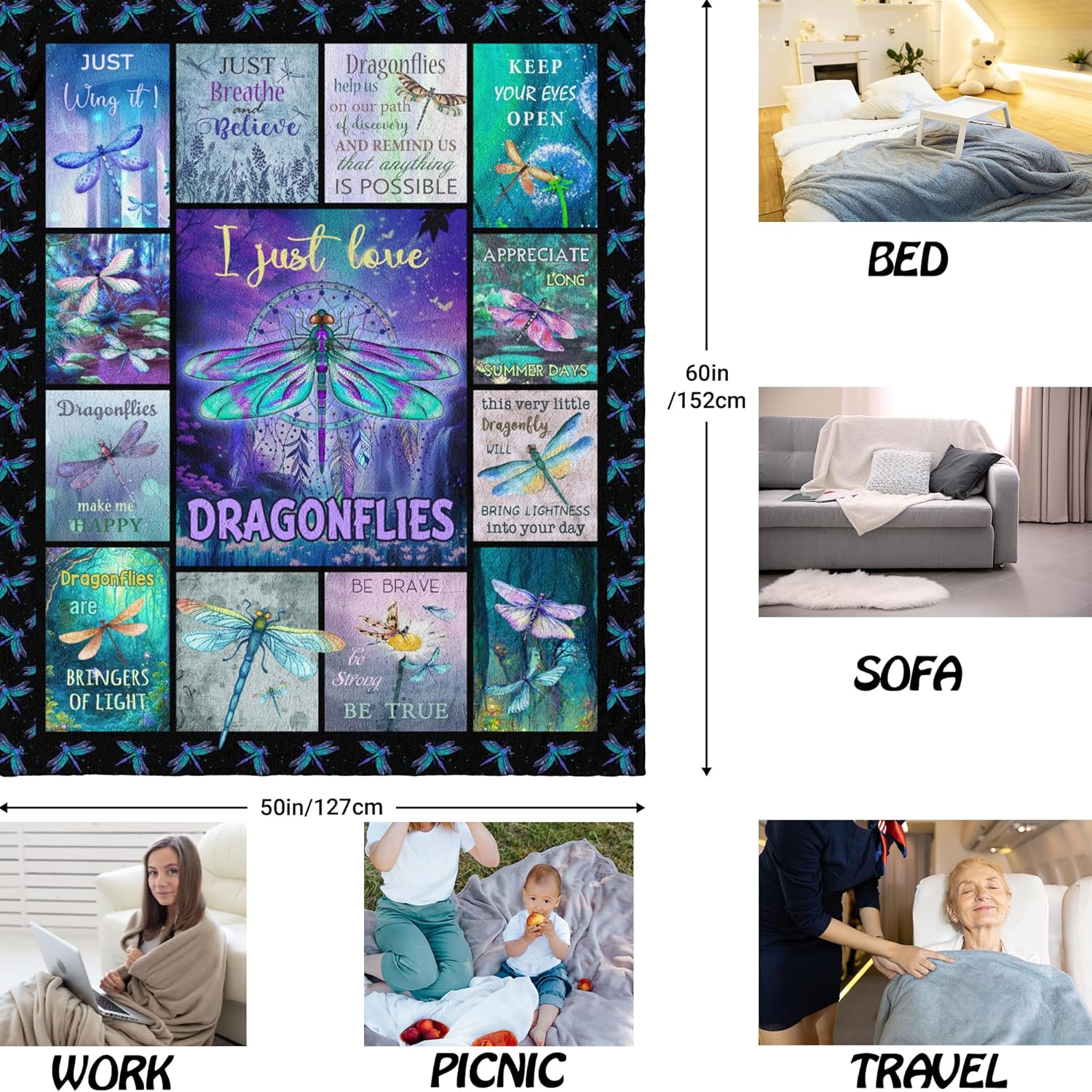 QOJUYO Dragonfly Gifts for Women, Dragonfly Lover Gifts Throw Blanket 60"X50", Dragonflies Gifts for Women - Image 2