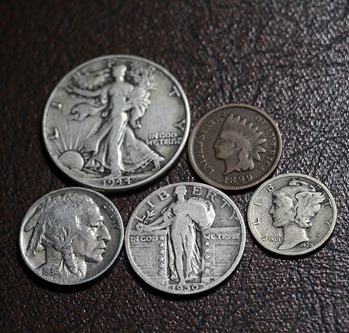 Old US Silver Coins 5 Coin Collection Set - Indian Head Cent Buffalo Nickel Mercury Dime Standing Liberty Quarter Walking Liberty Half Dollar